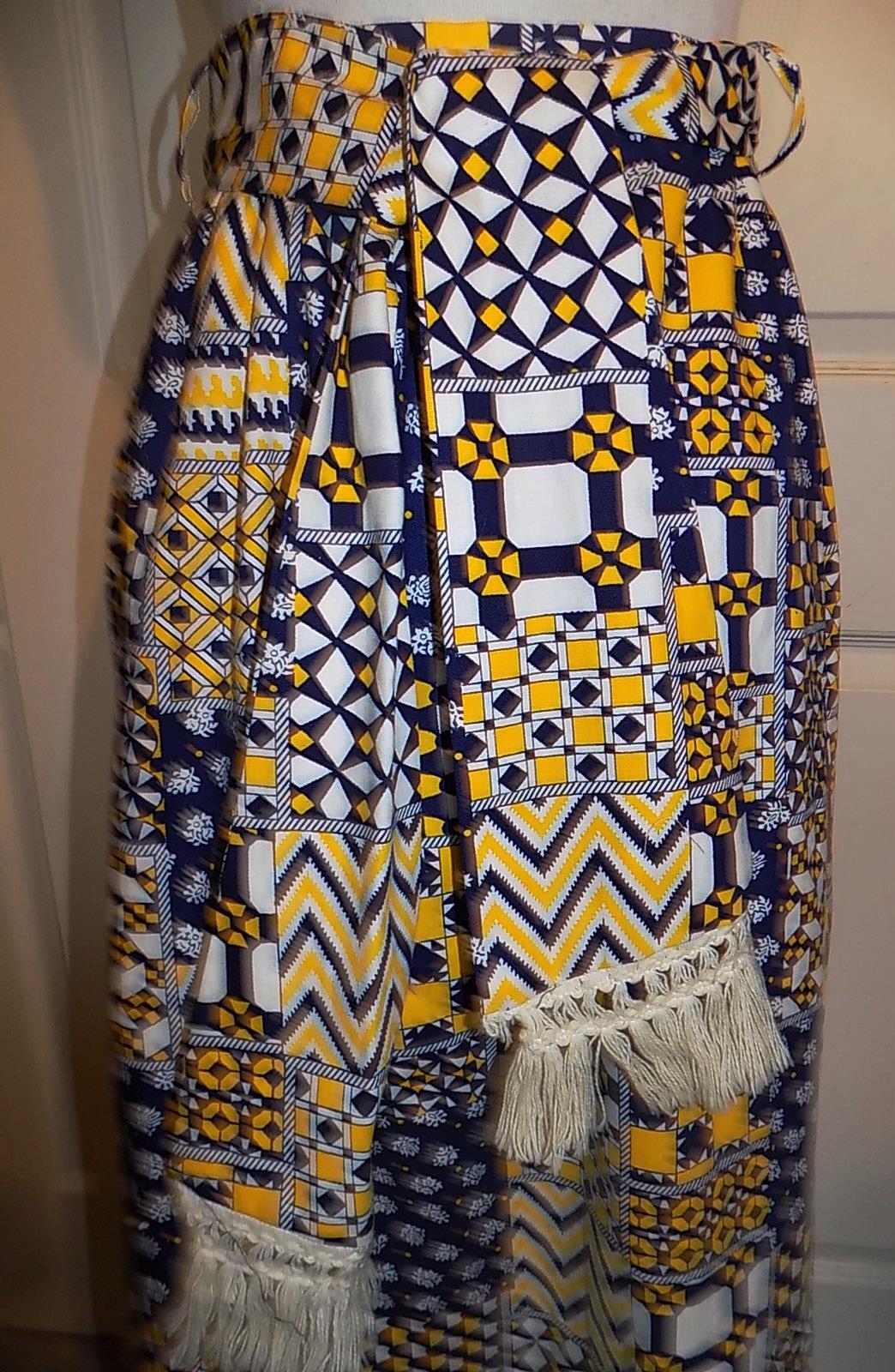 Vintage 60s Blue Yellow White Cotton Long Maxi Skirt Matching Fringed Sash W24