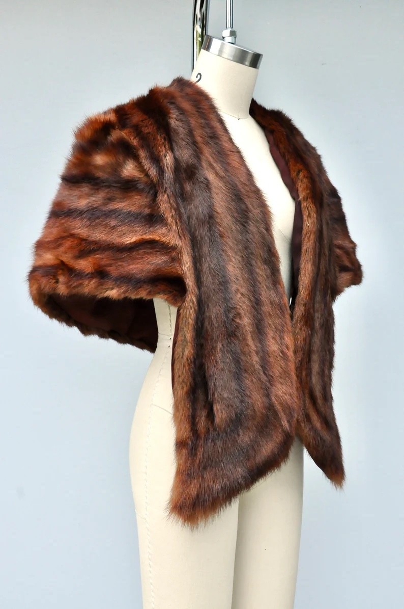 Vintage Mink Fur Stole Cape Capelet Wrap Shawl POCKETS 40s 50s Mid Century