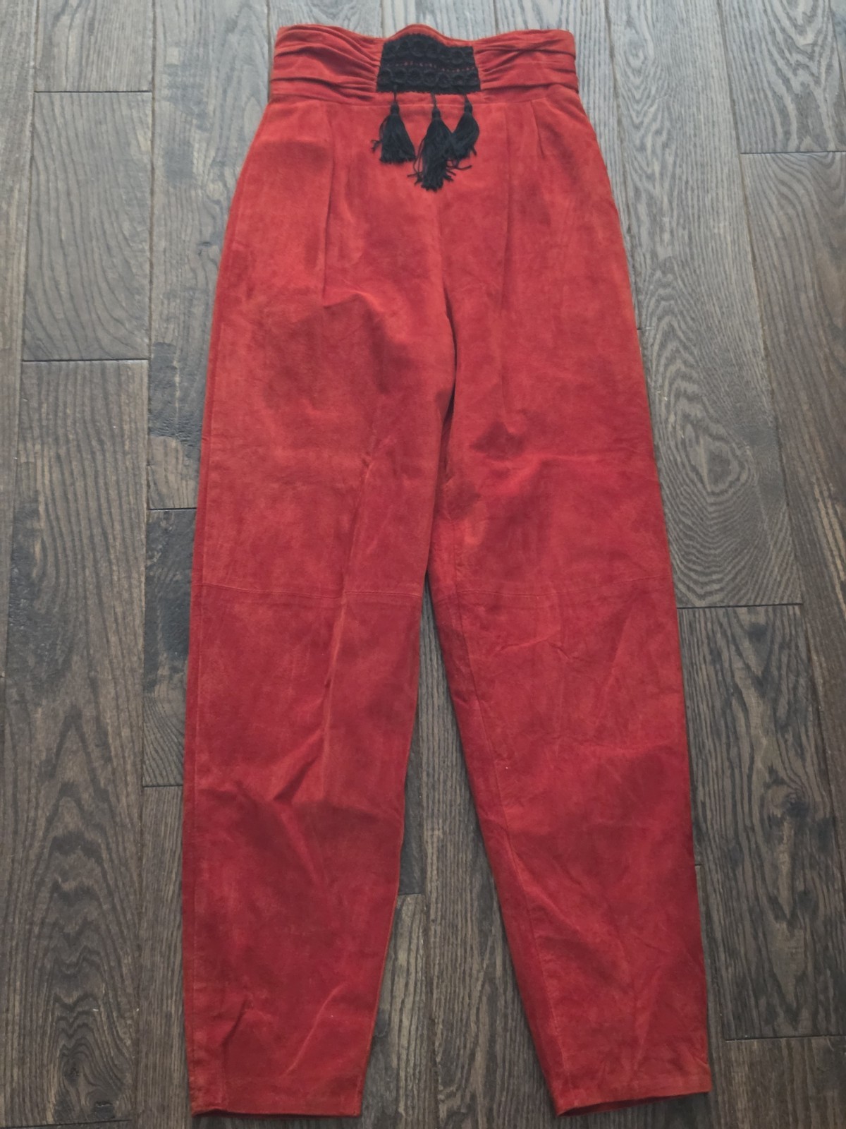 Vintage Firenze Santa Barbara Red Suede Leather High Waist Tassel Pants Women’s