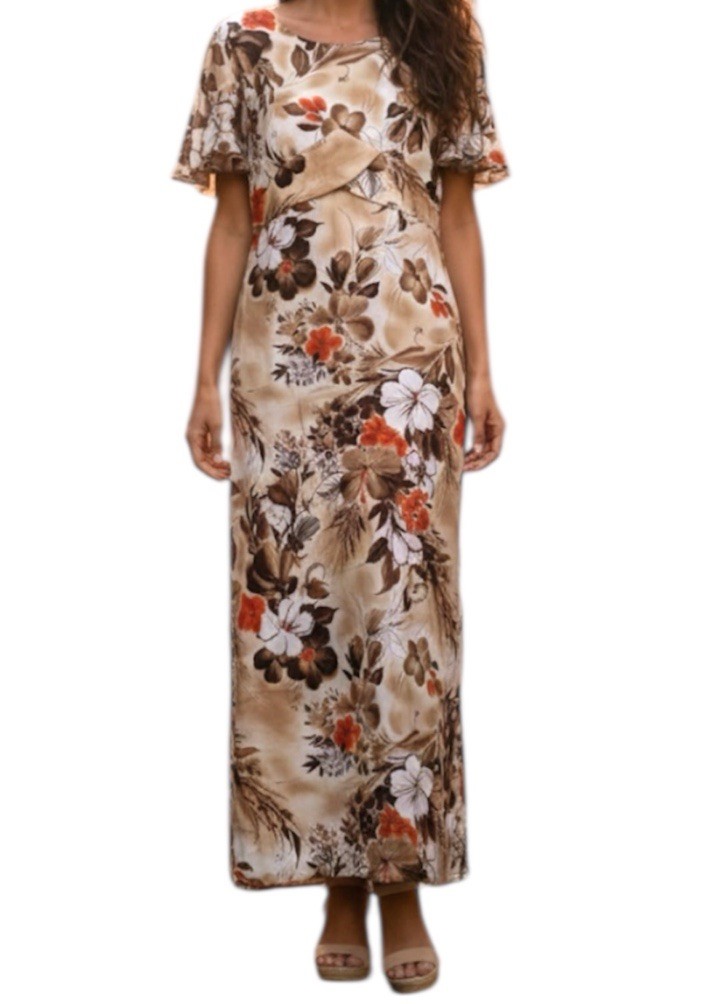 Vintage Hawaii Nei Brown Floral Short Sleeve Resort Wear Vacation Maxi Dress 14