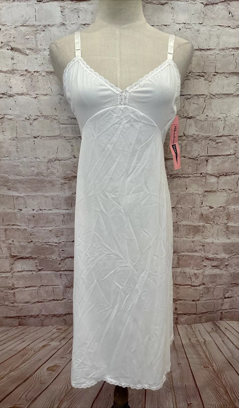 SHADOWLINE Vintage White Slip Lace Trim Opacitrique Size 36 Tall Length 42″ NOS