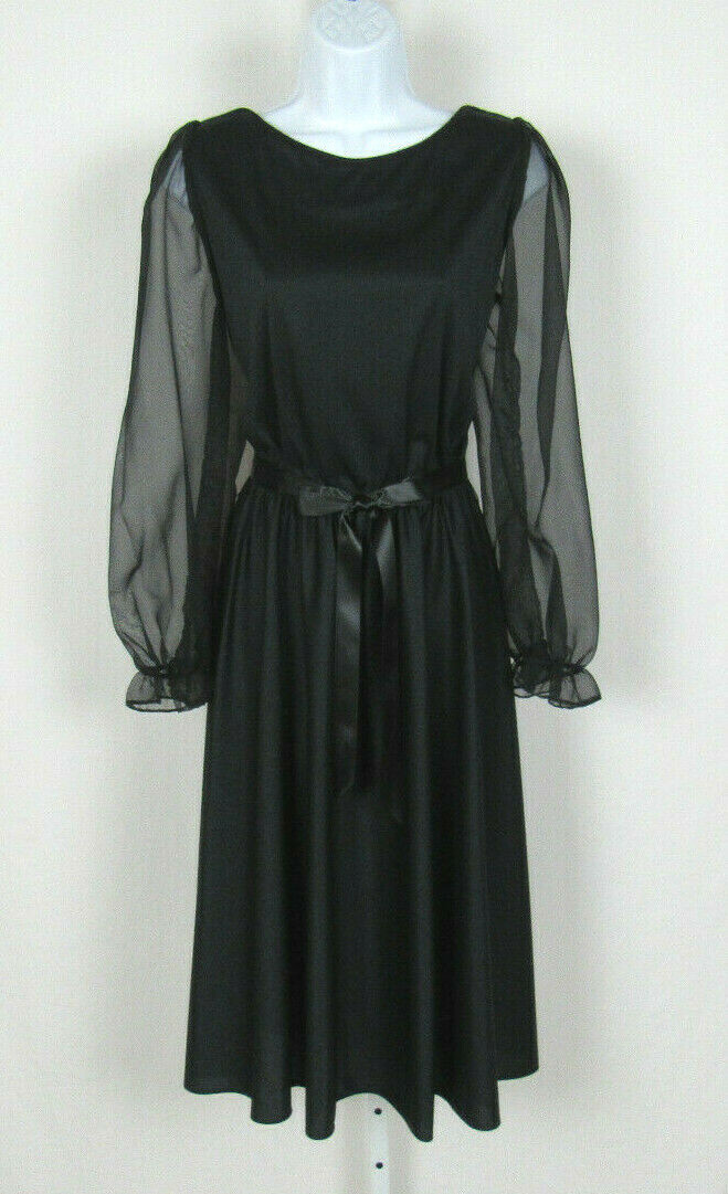 VTG 1960s GEORGE ORIGINALS BLACK DRESS SIZE 12 POLY CHIFFON ARMS RIBBON BELT