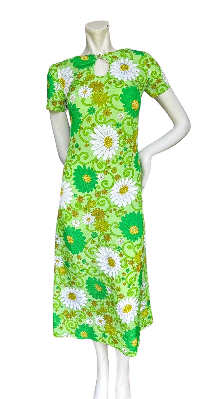 Vintage 60s 70s Handmade Floral Psychedelic Keyhole Neckline Midi Dress XS?