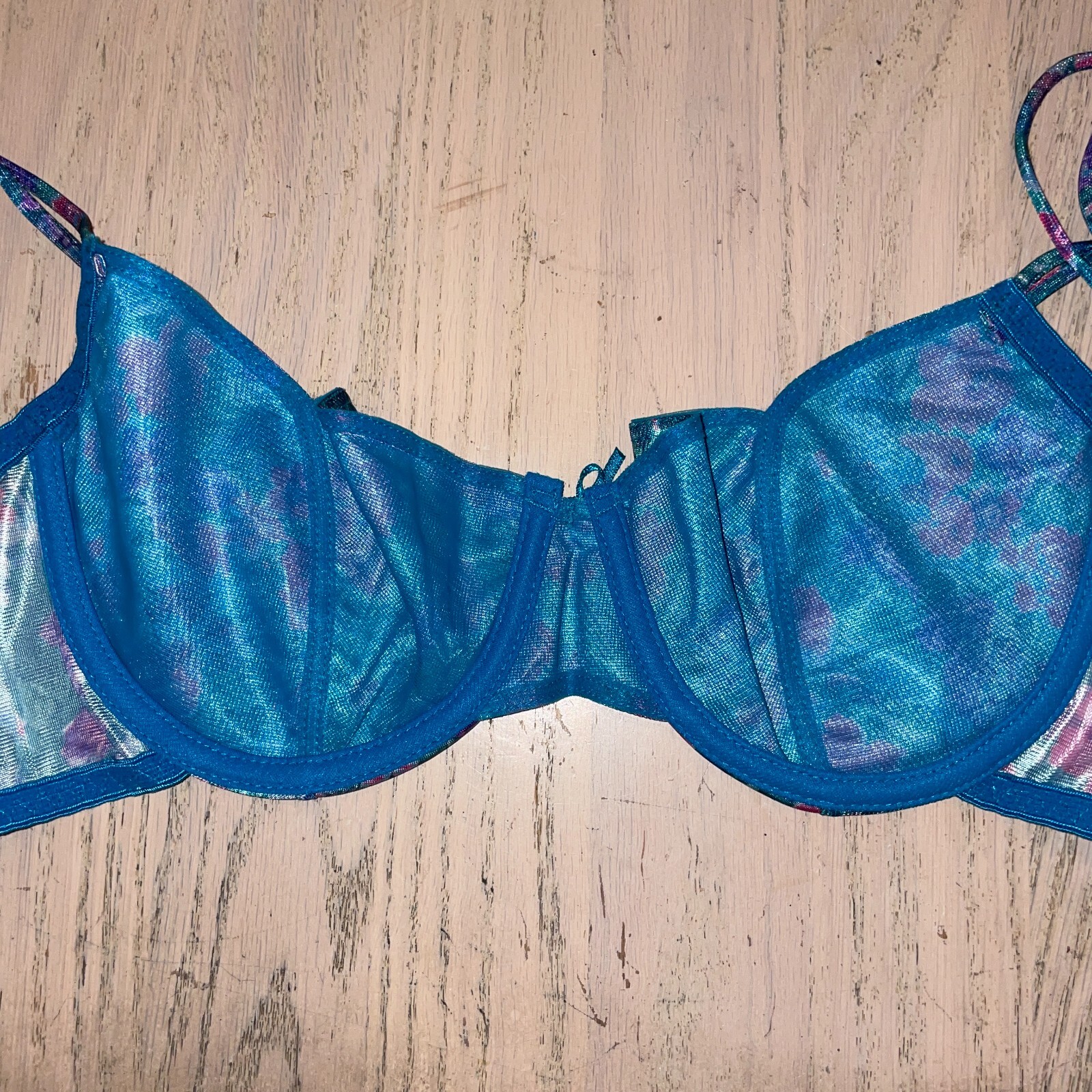 Vtg Delicates Underwire Bra Size 36B Teal Blue Floral Pink Unlined Double Strap