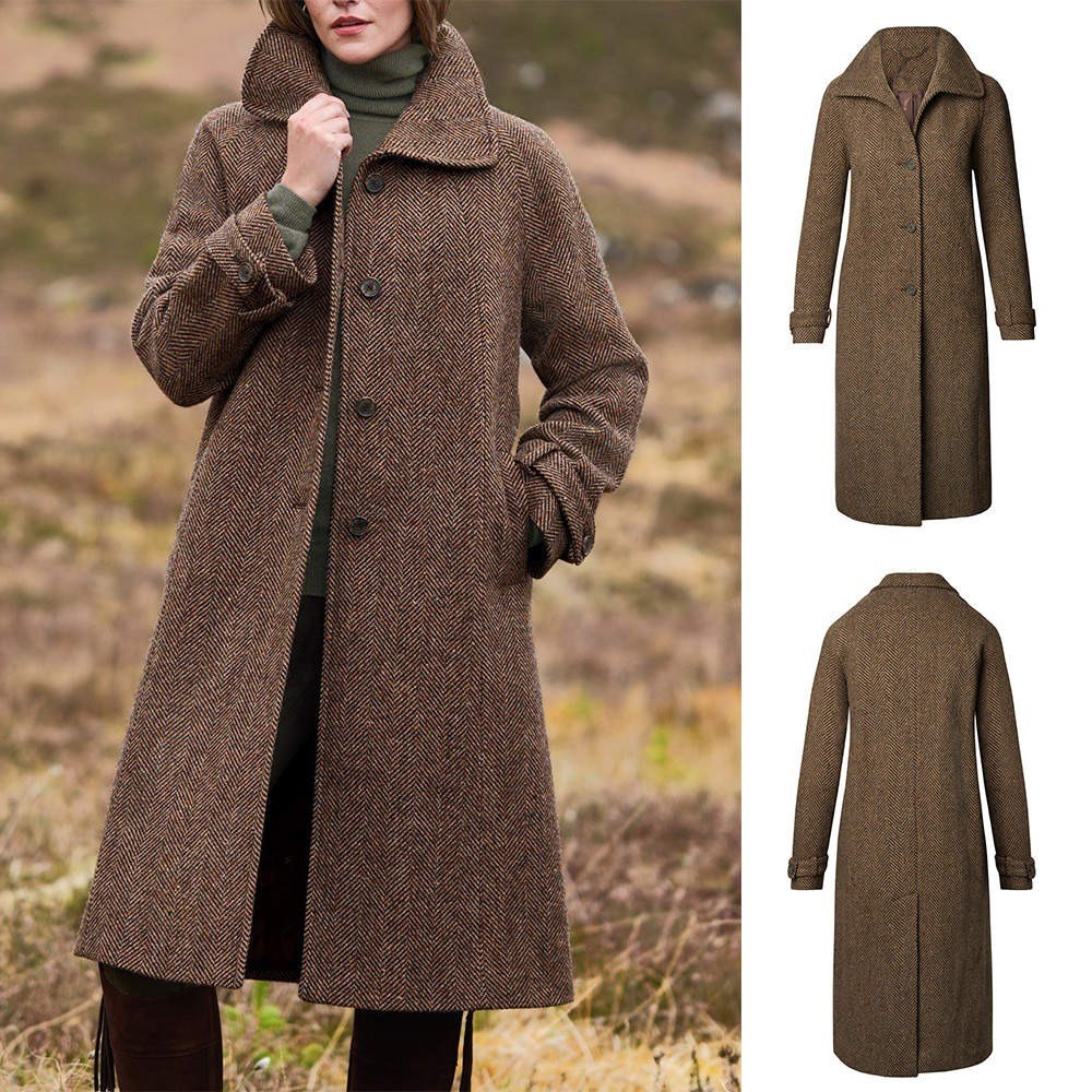 Ladies Brown Coat Herringbone Jacket Single Breasted Tweed Long Winter Business