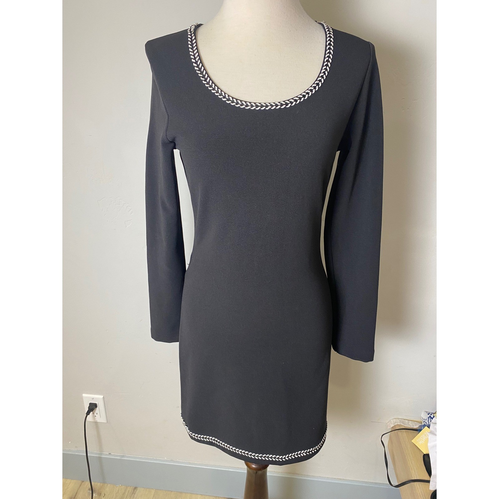 Vintage 90s Shes Black Long Sleeve Mini Dress Braided Trim Padded Shoulder Small