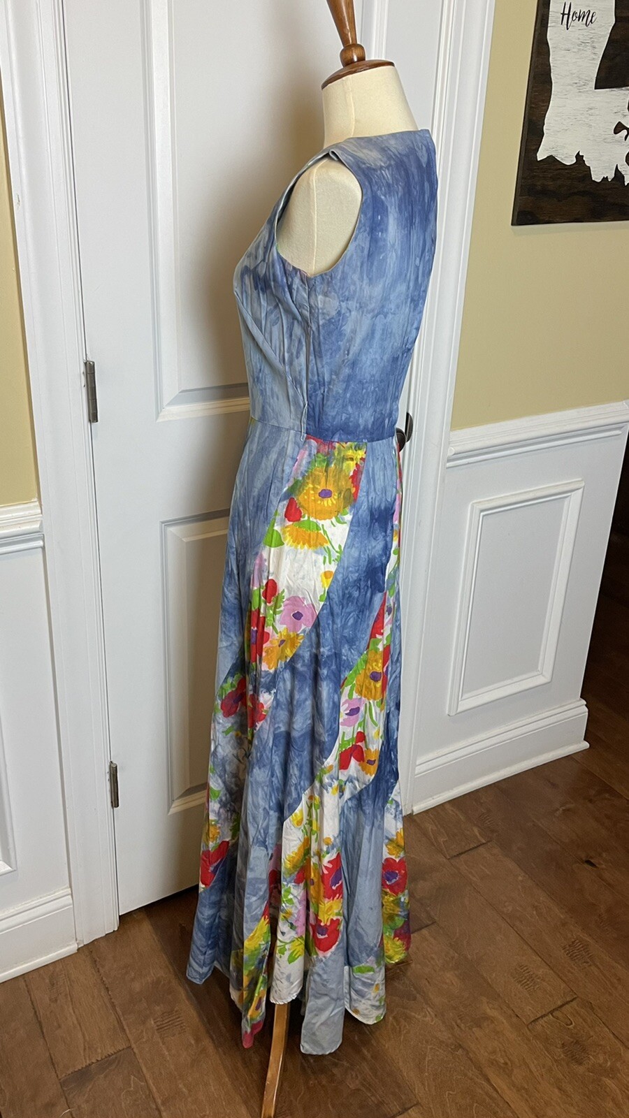 Vtg 60s Eve Le Coq Tie Dye Floral Maxi Dress Avril Cotton Sleeveless Sz S/XS