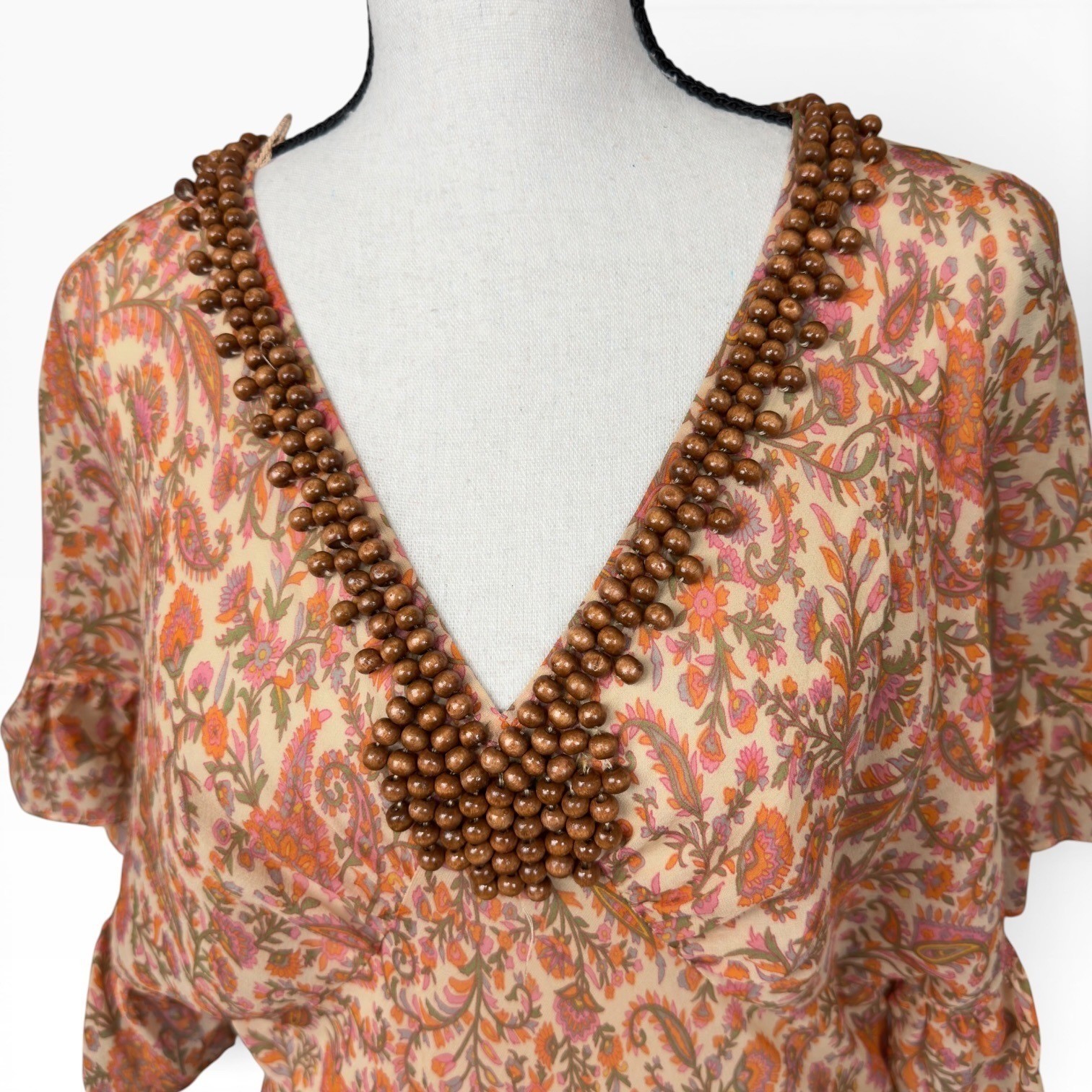 Vintage Sheer Silk Paisley Midi Dress Orange Pink Beaded V-Neck Tiered Ruffle