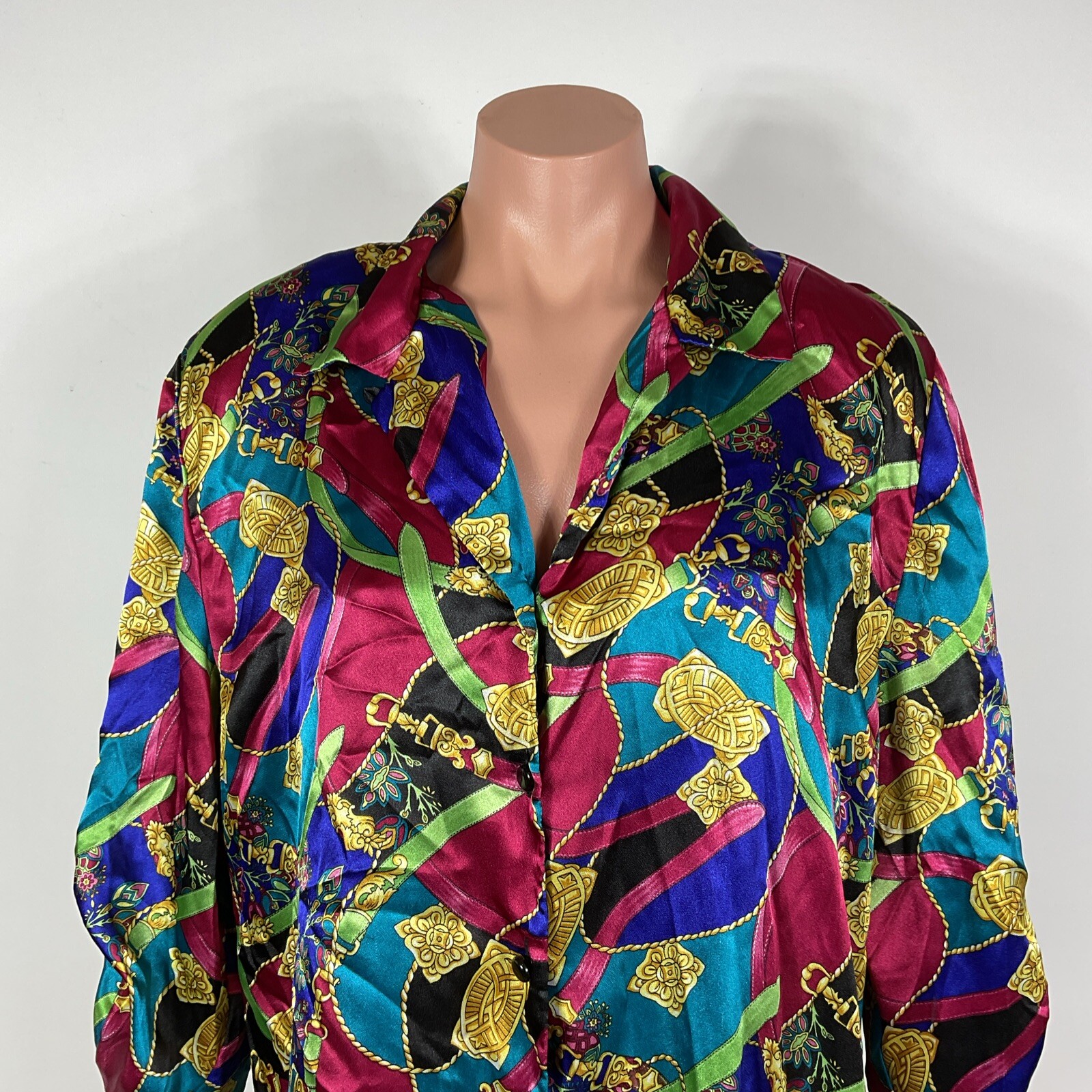 Vintage Leslie Fay Blouse SZ L Colorful Women’s Shimmer Satin Button Up Chains
