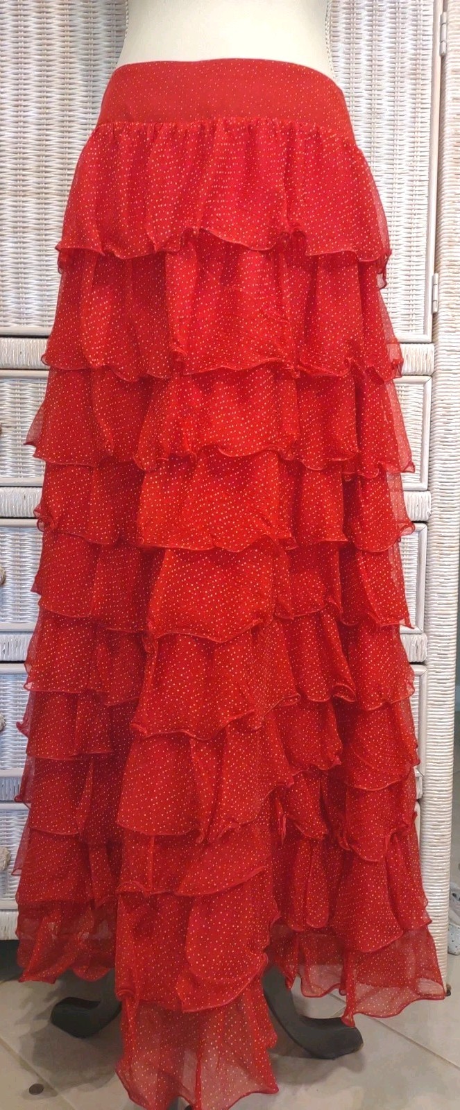 Rozae Nichols Seville Flamenco Ruffle Tiered Maxi Skirt Silk Red Tiny Polka S