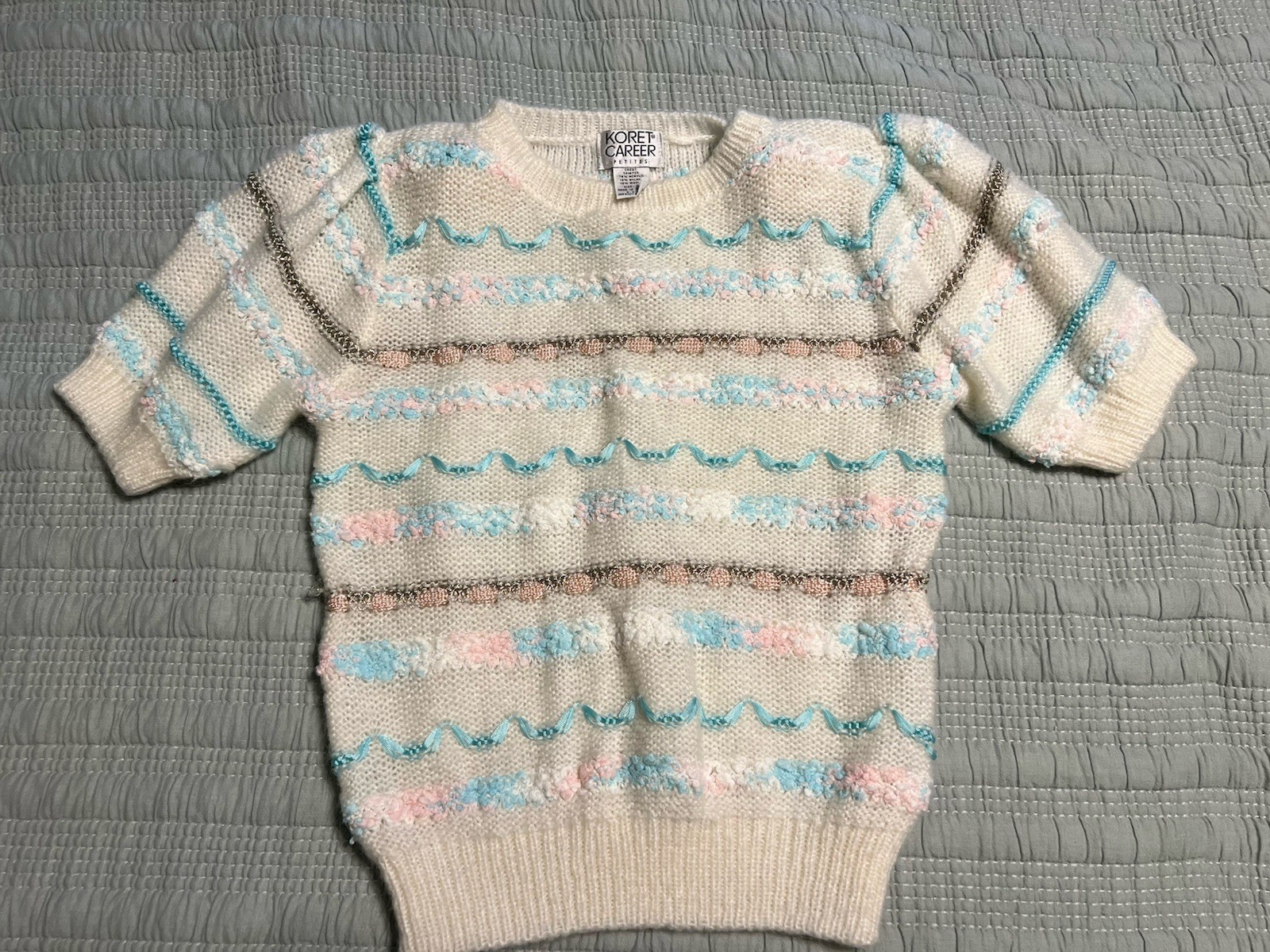 Vtg Korey 80s Ivory Sweater Short Sleeve Shoulder Pads Ribbon Pink Blue Ribbon