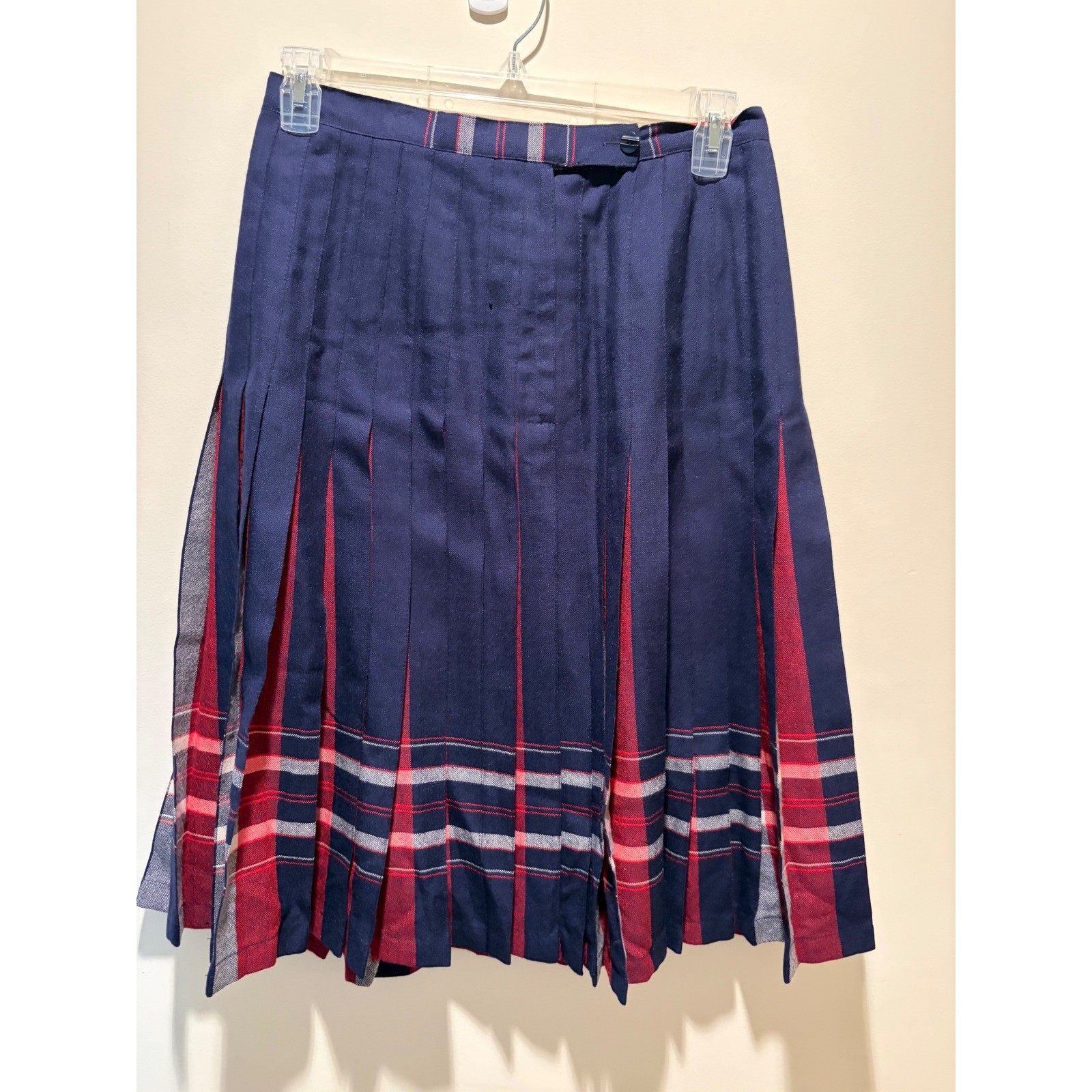 Gleneagles of Scotland Reversible Wool Pleated Midi Skirt Navy Red Plaid Sz 16