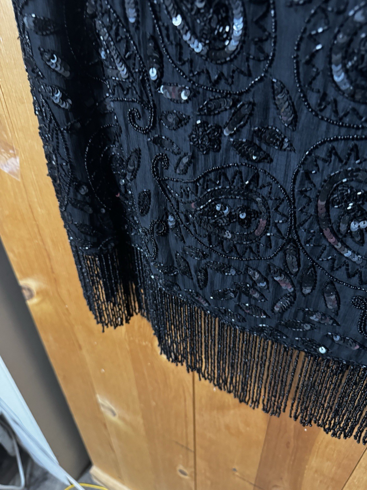 Mid 1990’s Black Tan Chho Sequinned & Beaded Dress with Fringe 2X BUST 44-48”