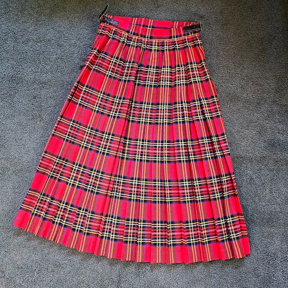 Vtg 80s British Punk Tartan Plaid Accordion Pleated Wool Buckle Wrap Skirt XS/S