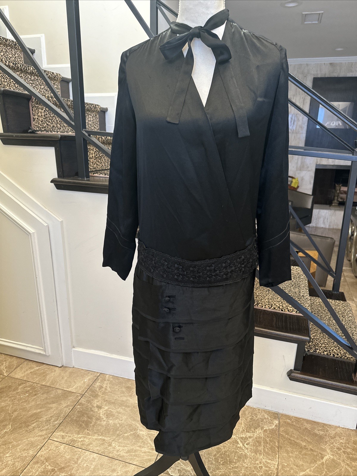 Vintage 1920s Black Satin Tiered Drop Waist Pussy Bow Lace & Embroidered Dress