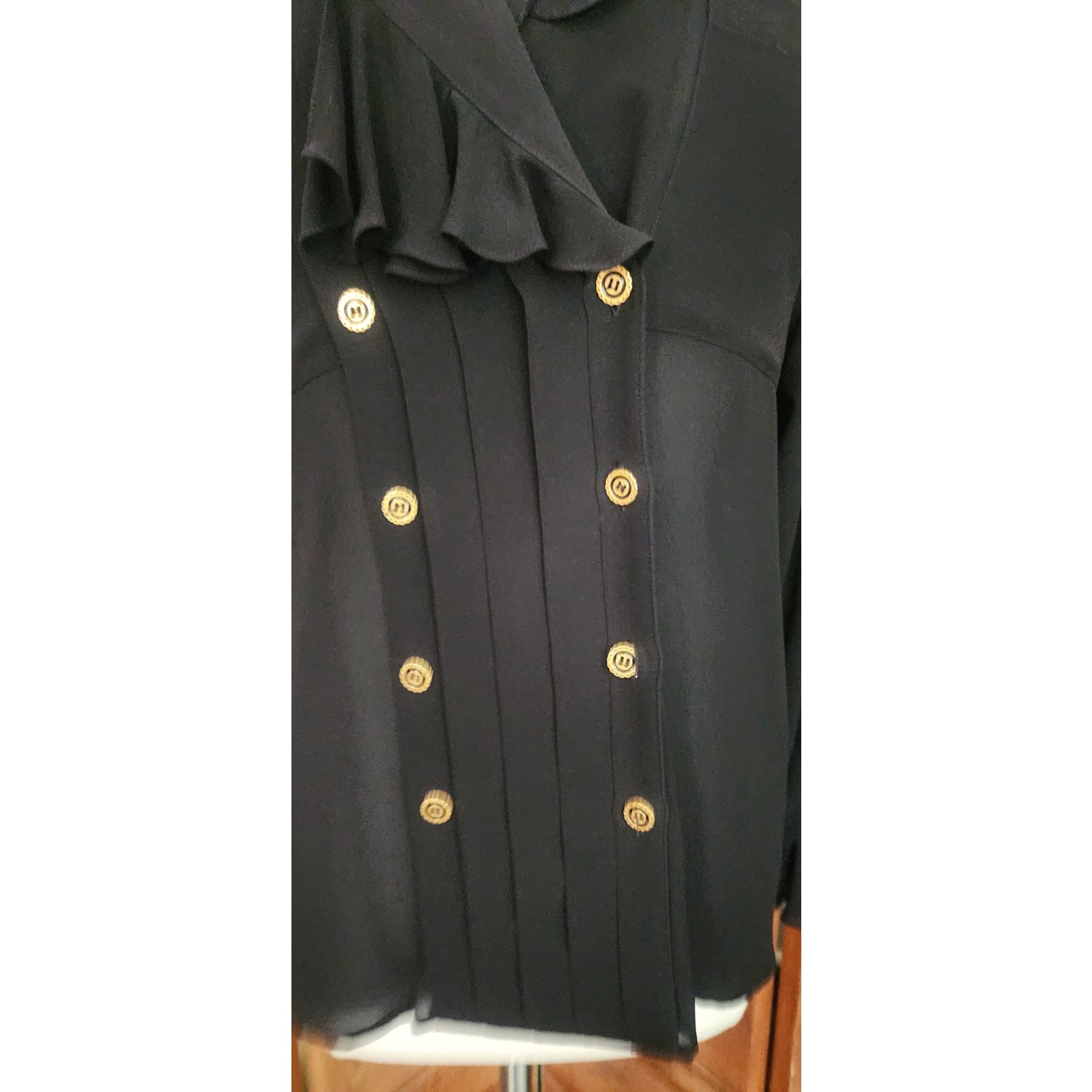 Vintage 80s Karl Lagerfeld Blouse Black Silk Ruffled Front Poet Shirt Semi-Sheer
