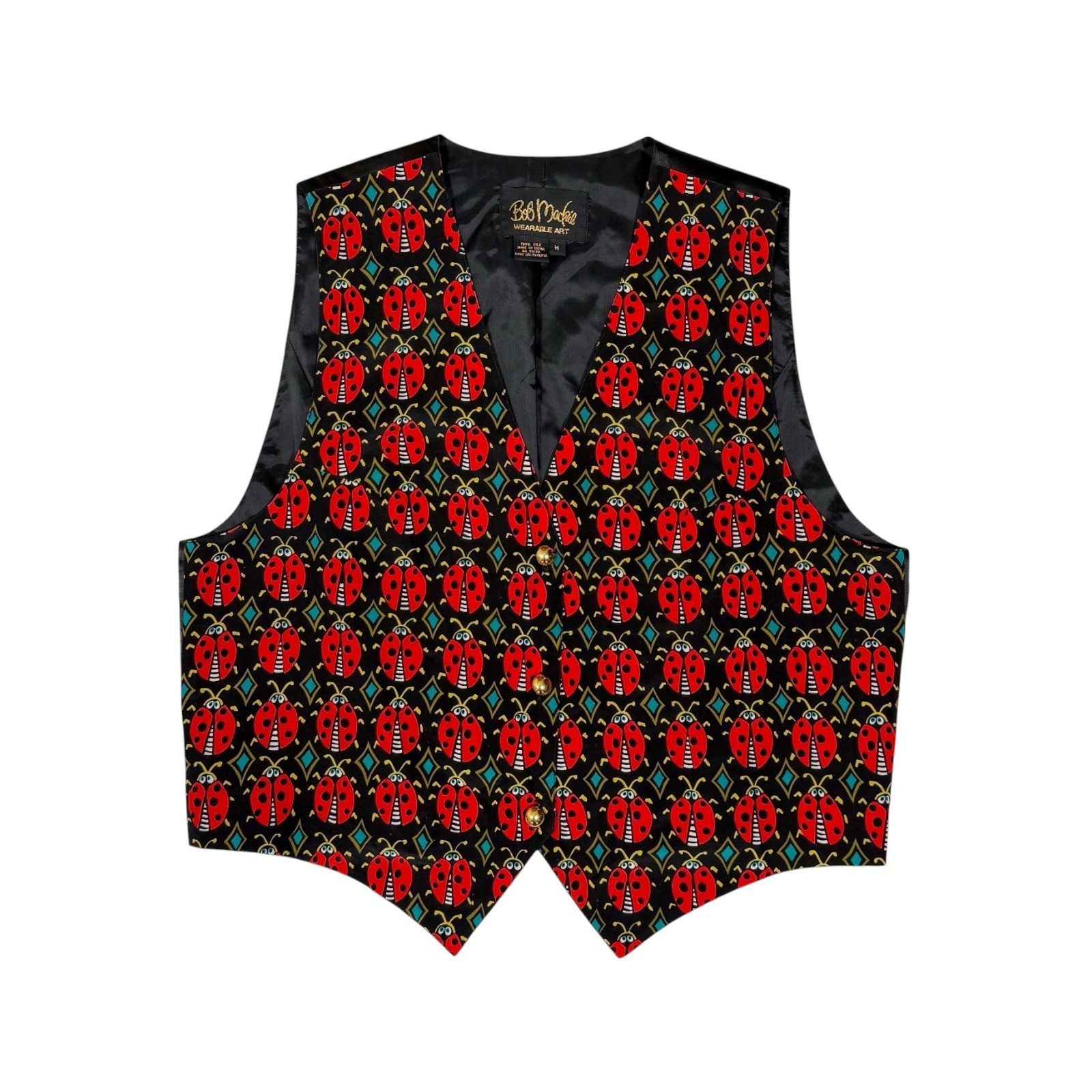 Bob Mackie Wearable Art Vintage Silk Ladybug Print Vest Black Red Gold Button M