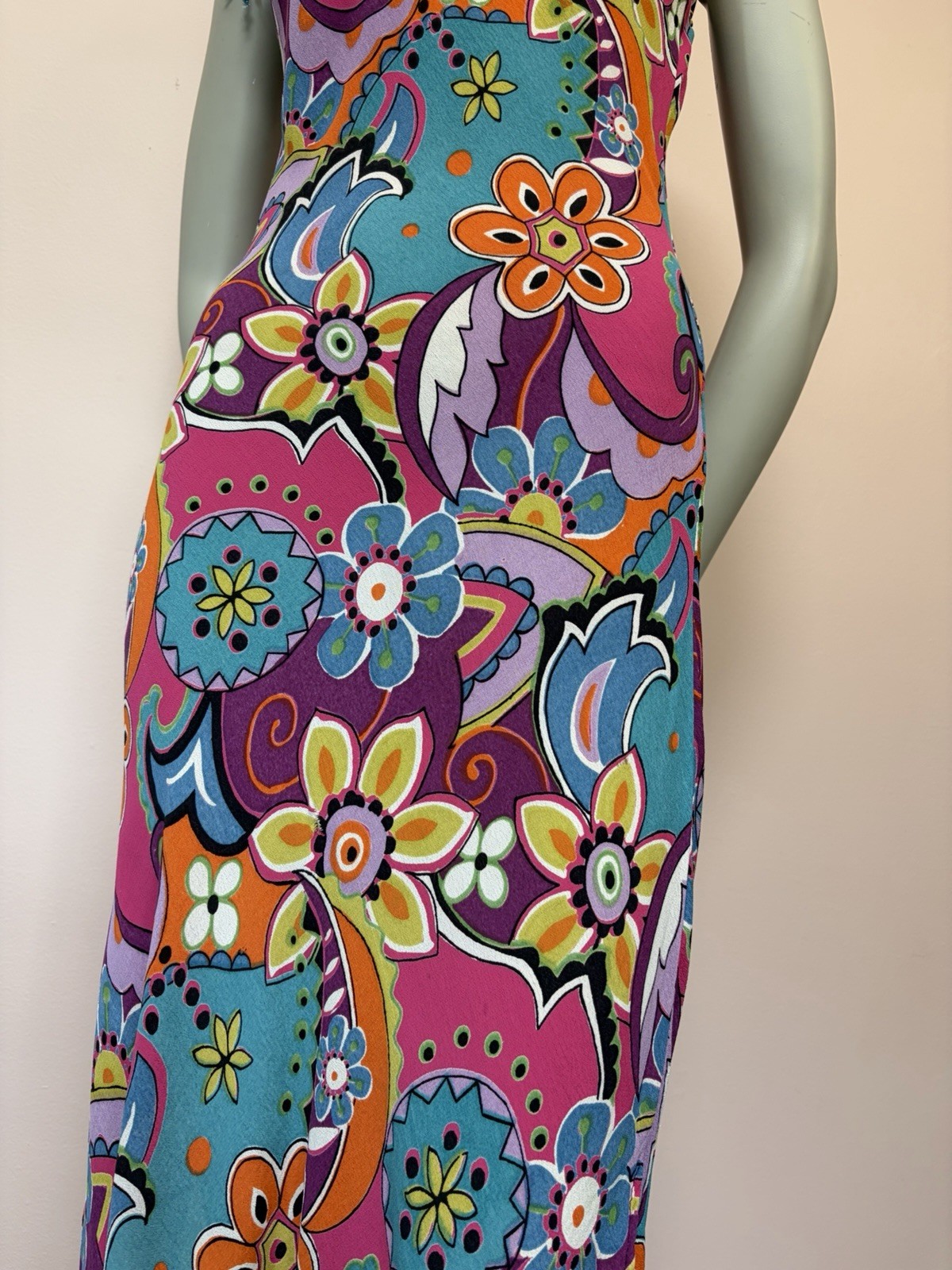Vintage 90s Angie Psychedelic Bias Cut Rayon Floral fairy India Midi Dress S
