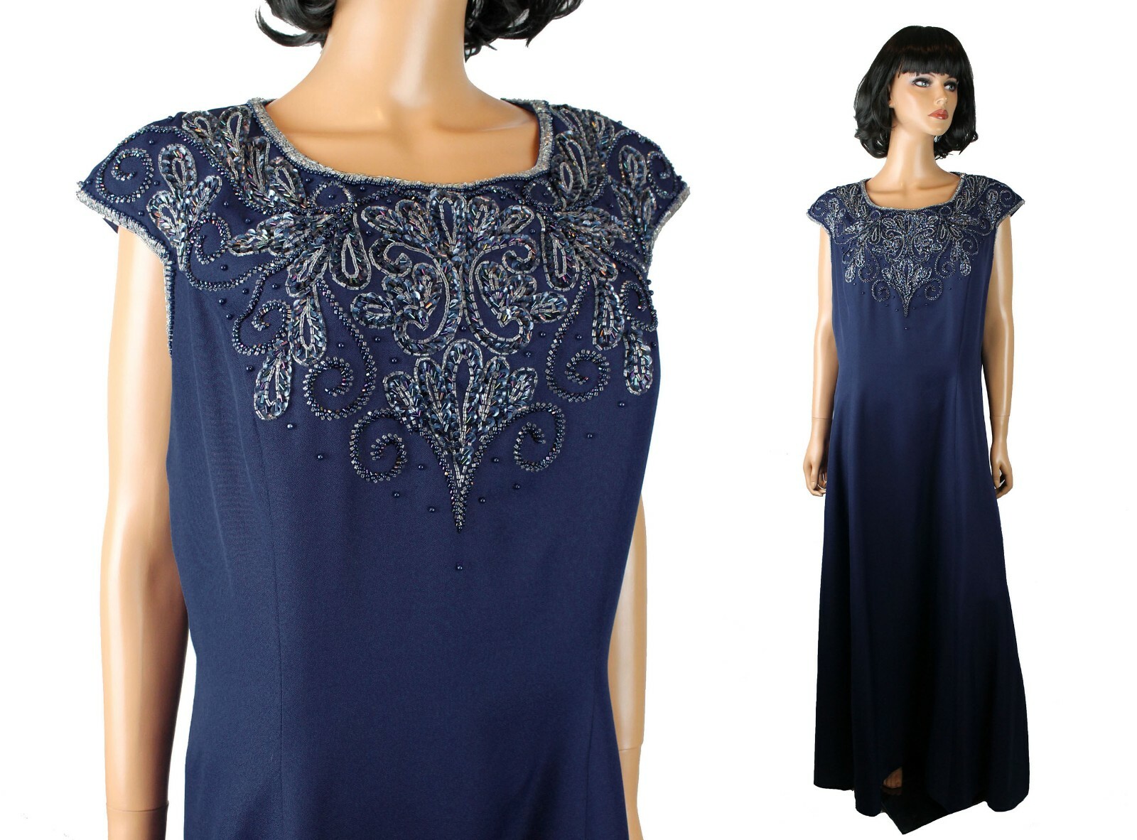 Vintage Evening Gown Sz 20 XL XXL 90s Navy Blue Extra Long Beaded Cocktail Dress