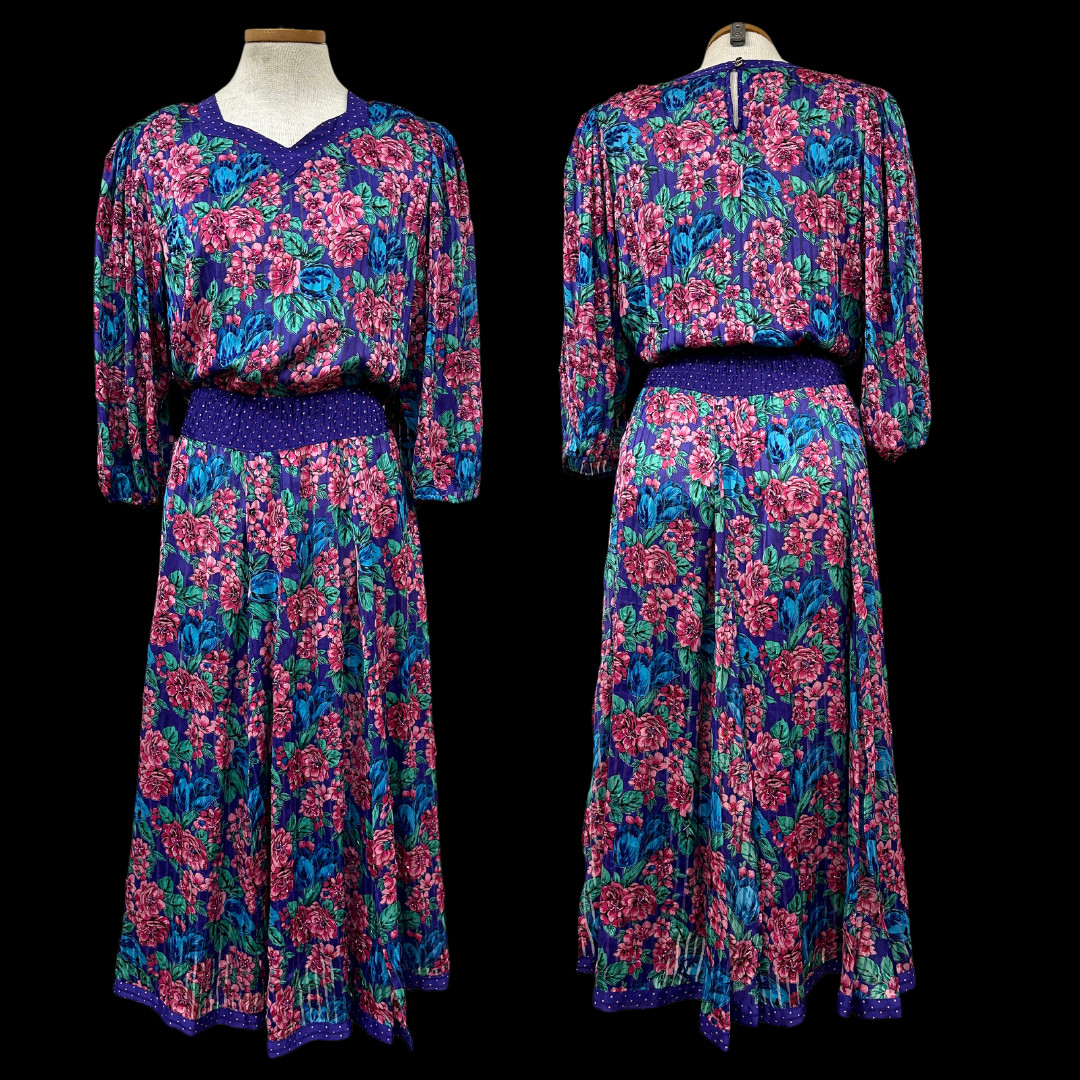 Vintage 1980s Diane Freis Beaded Purple Floral Midi Dress with Balloon Sleeves