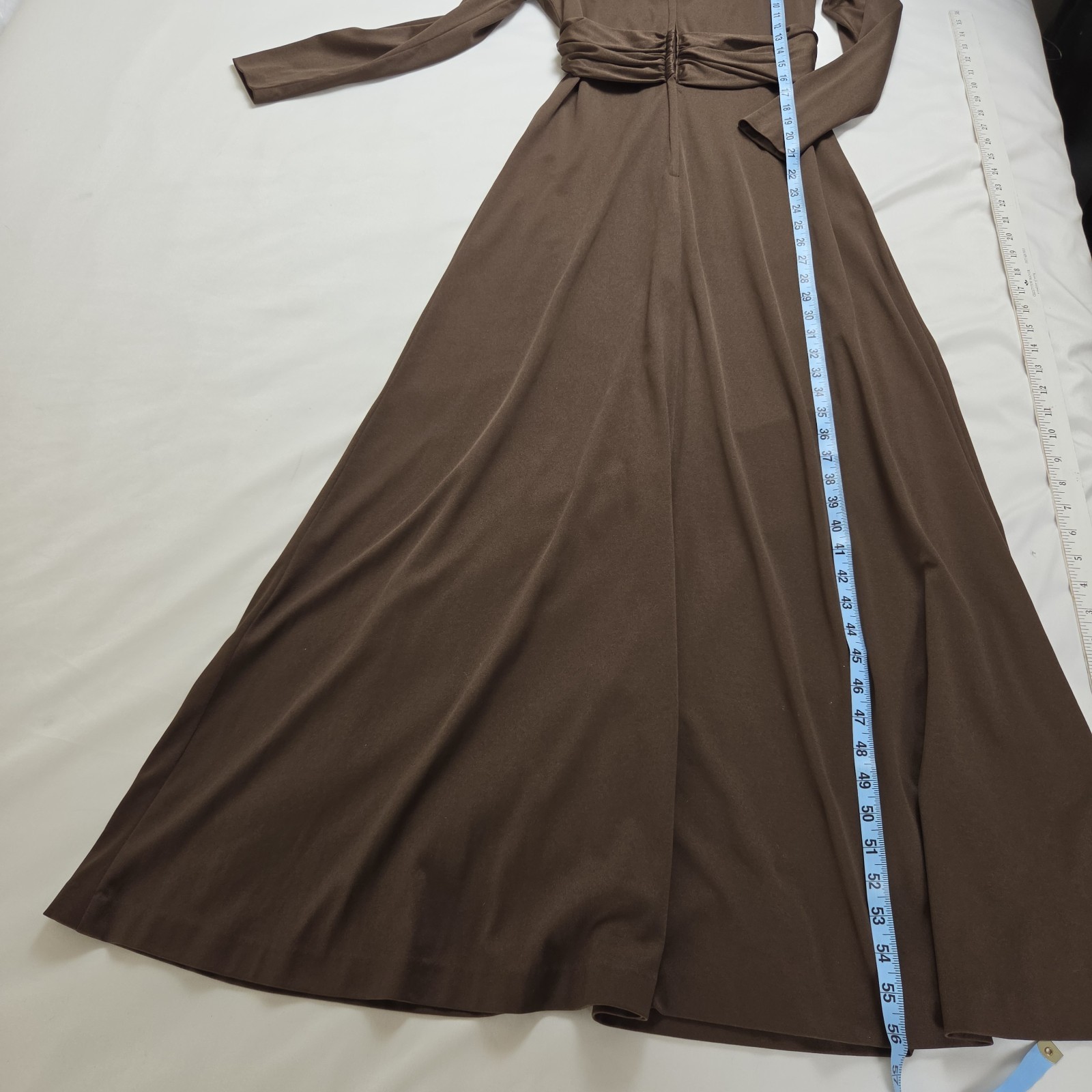 Vtg Miss Elliette CA Chocolate Brown Maxi Dress Deep V Long Sleeve Size S