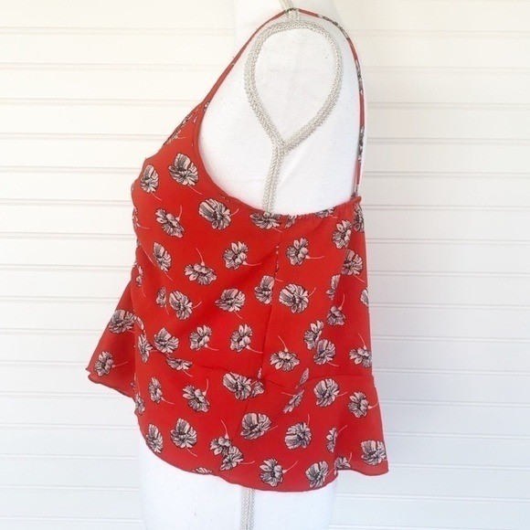 Papermoon Floral Ruched Peplum Camisole Top Size Large Red Boho V-Neck