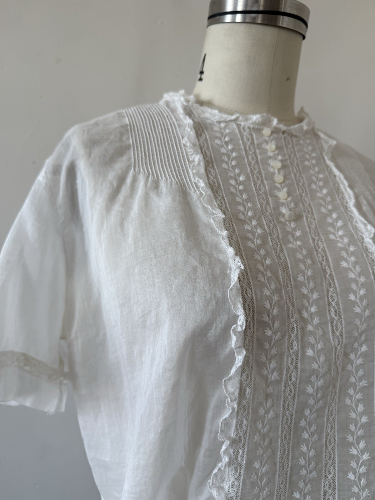 Antique Edwardian 1910s Sheer While Cotton Voile Blouse Embroidered Lace Panels