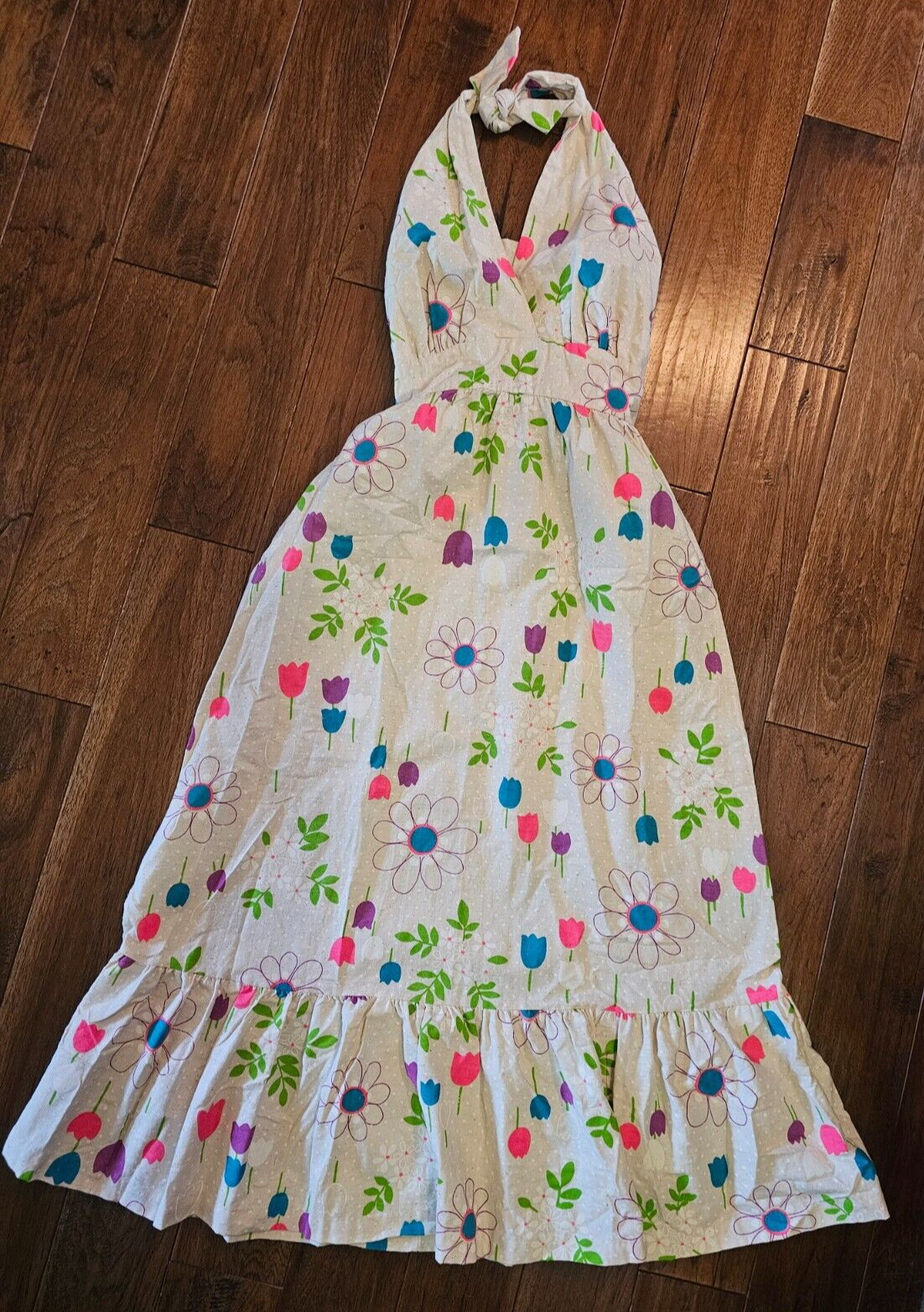 Vintage 70s Maxi Dress Small Floral Print Halter Neck Pink Orange Blue