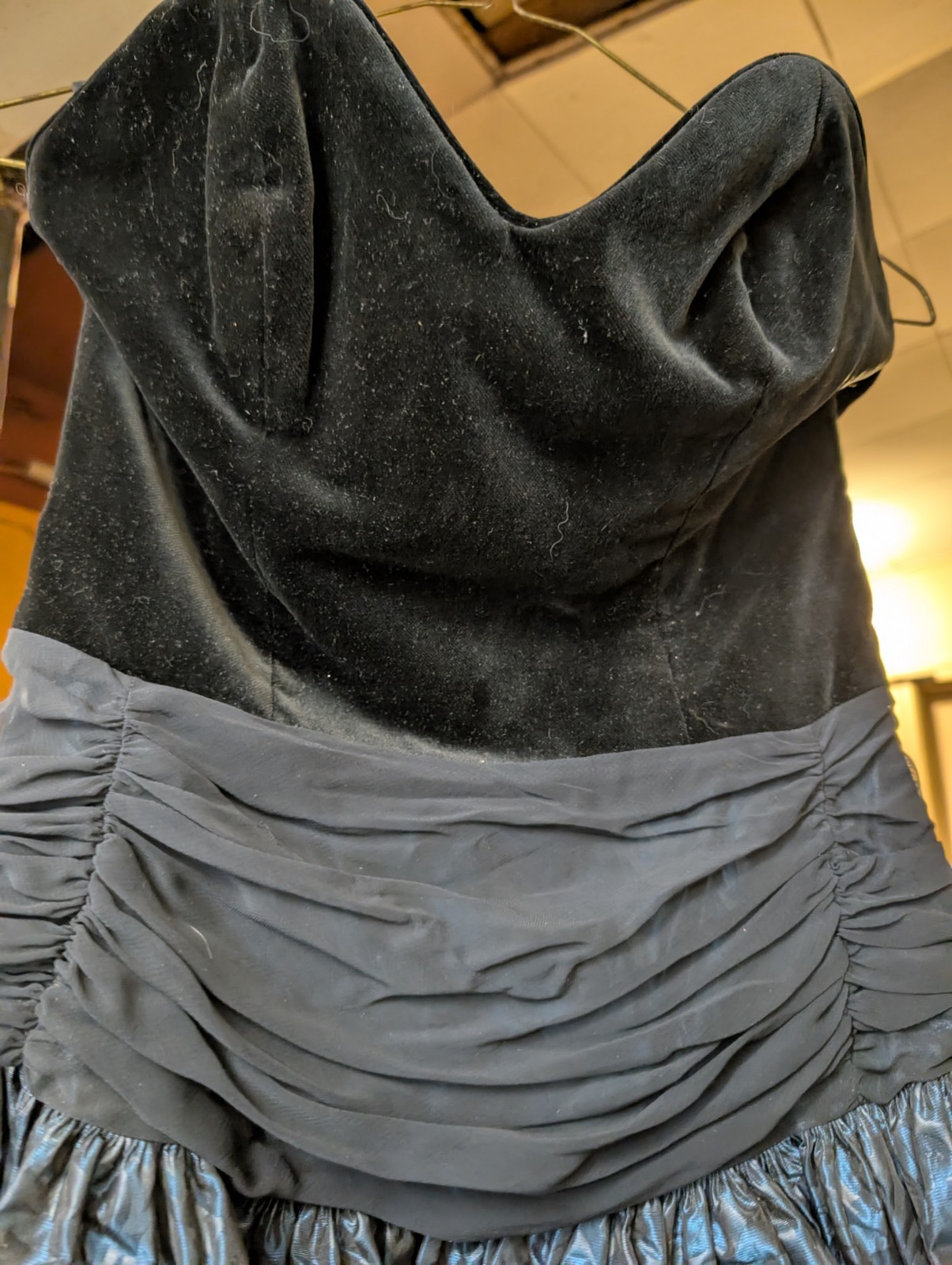 Vintage „Laura Ashley” Prom Dress, Velvet Strapless, Dark Teal Pattenes Taffeta