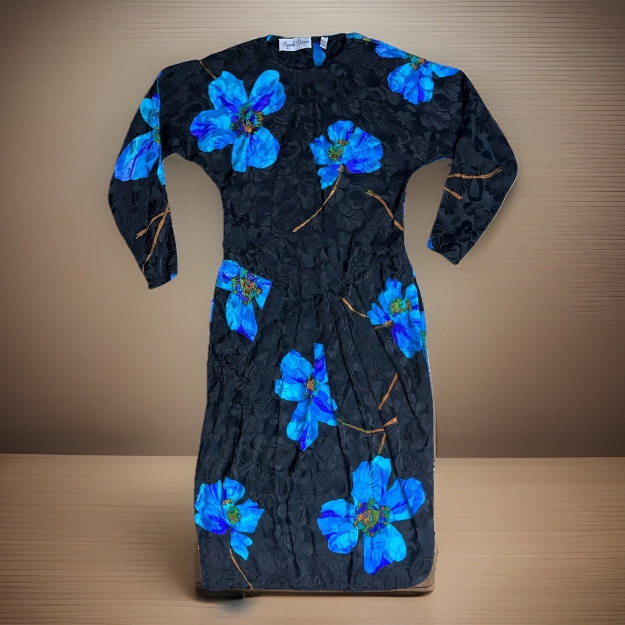 Papell 80’s Silk Dress Size 6 Black Floral Pleated Cinched Waist Cocktail Party
