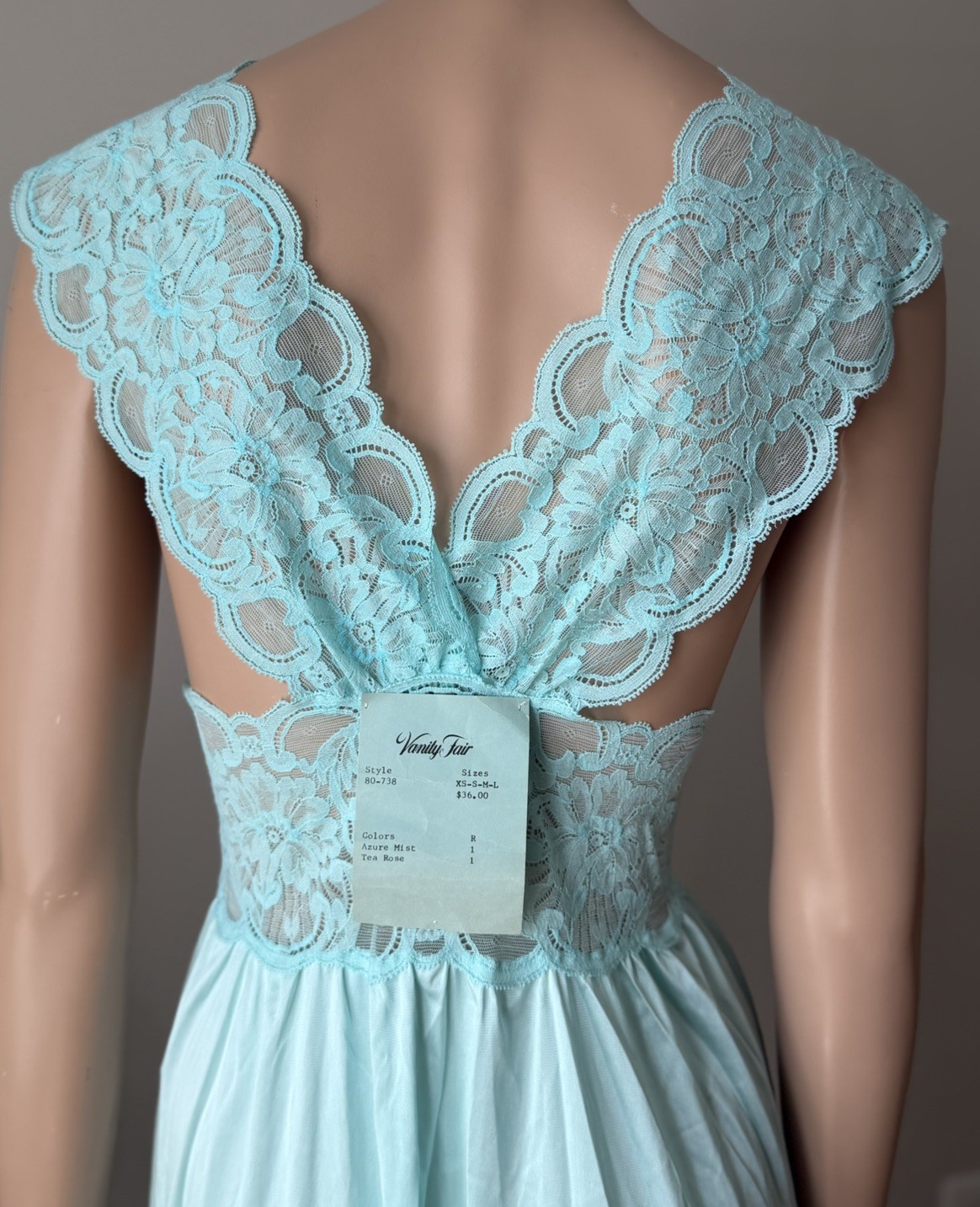Vtg Vanity Fair Nightgown NWT Azure Mist Blue Lace Bodice Antron III Nylon S/M