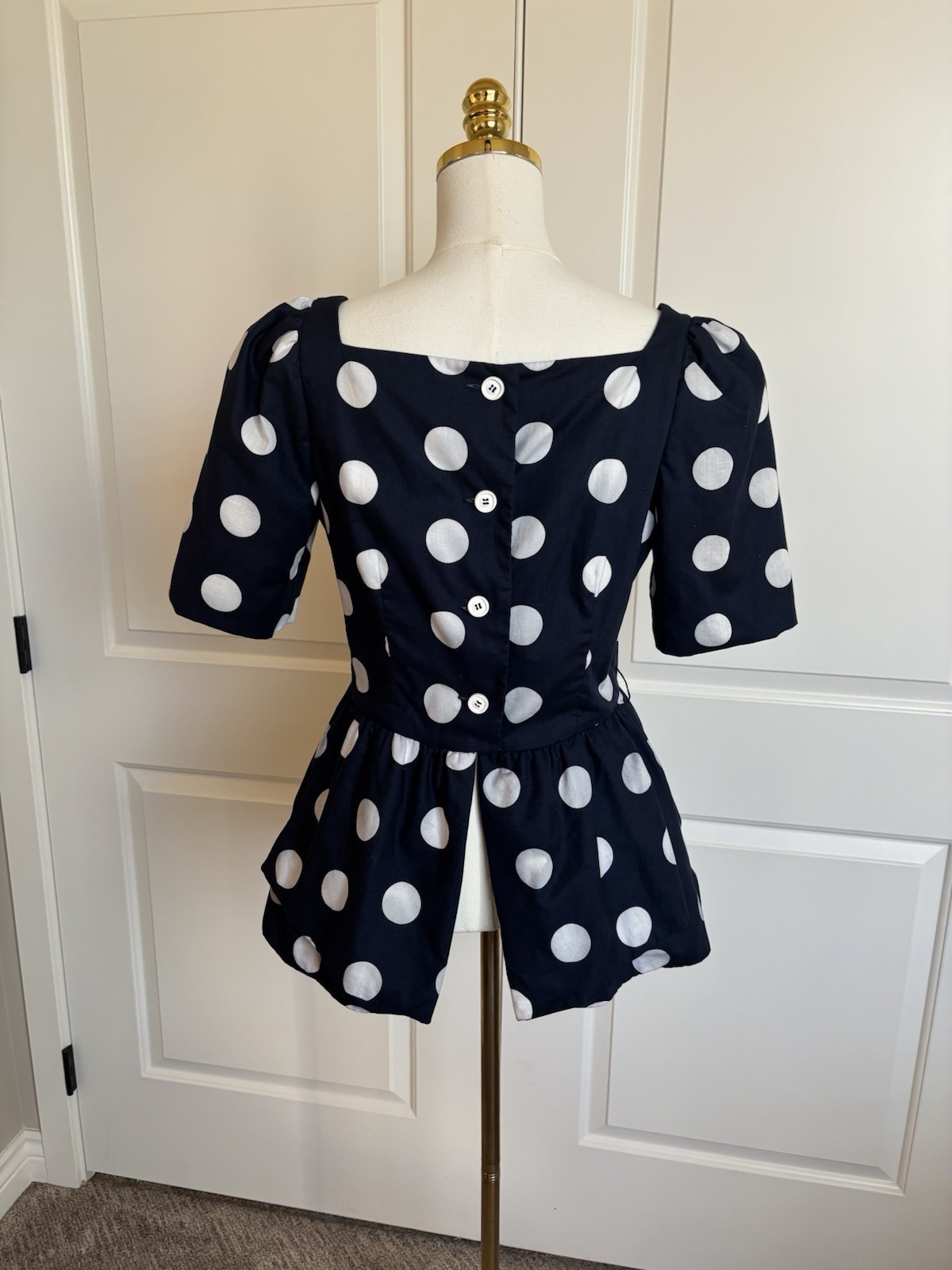 Mollie Parnis Vintage 70’s Polka Dot Peplum Blouse & Skirt Set USA Made Size 14