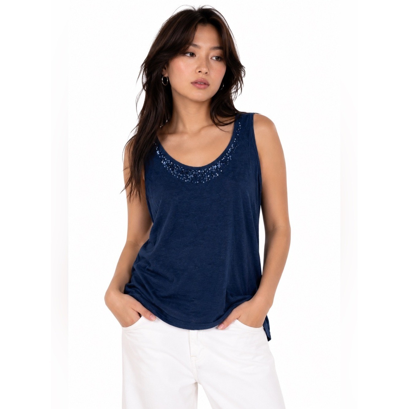 Eileen fisher embellished linen scoop neck neck top capsule heritage old money