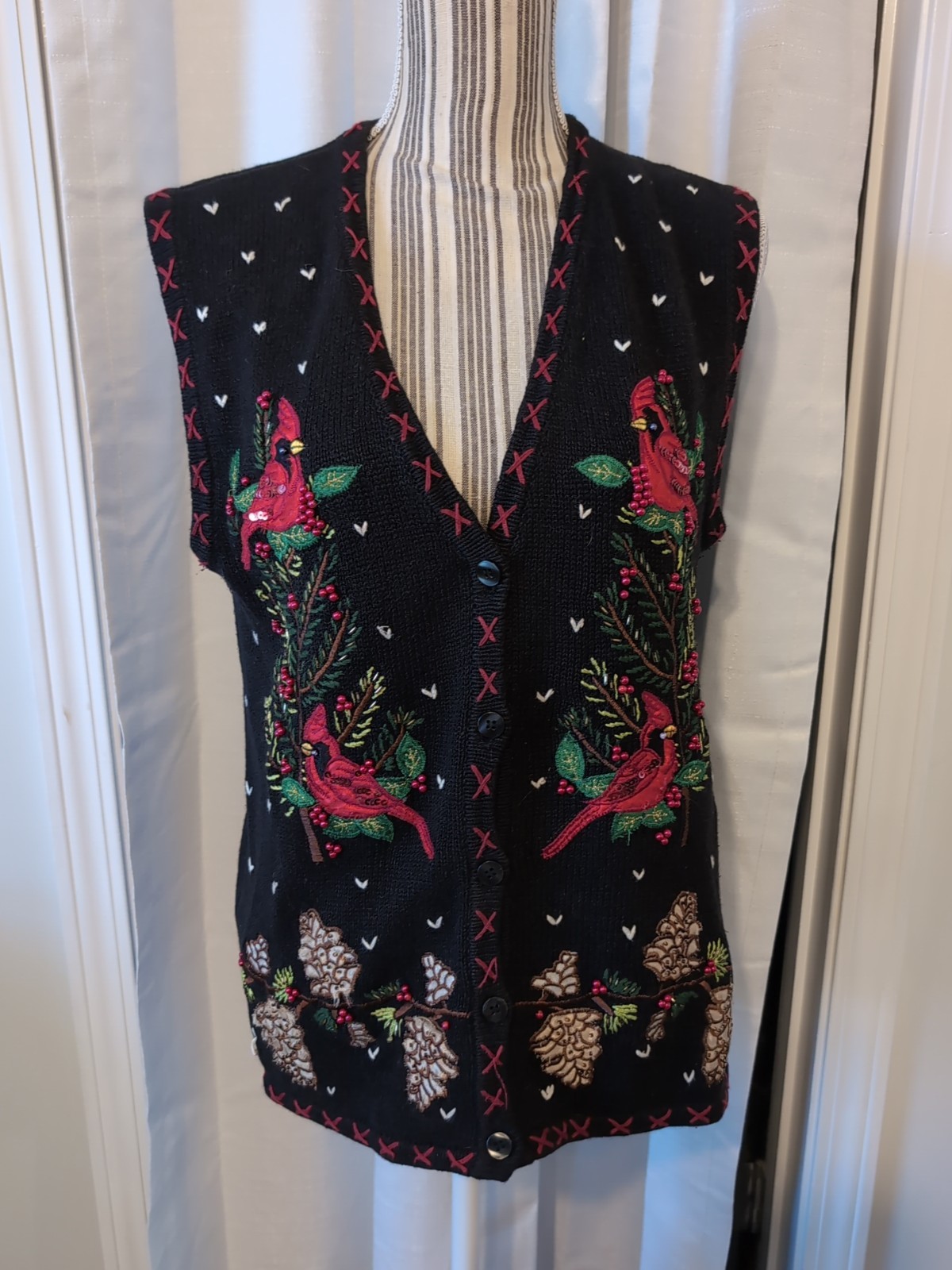 VTG Bobbie Brooks Black Ramie Cotton Embroidered Cardinal Bird Sweater Vest SZ L