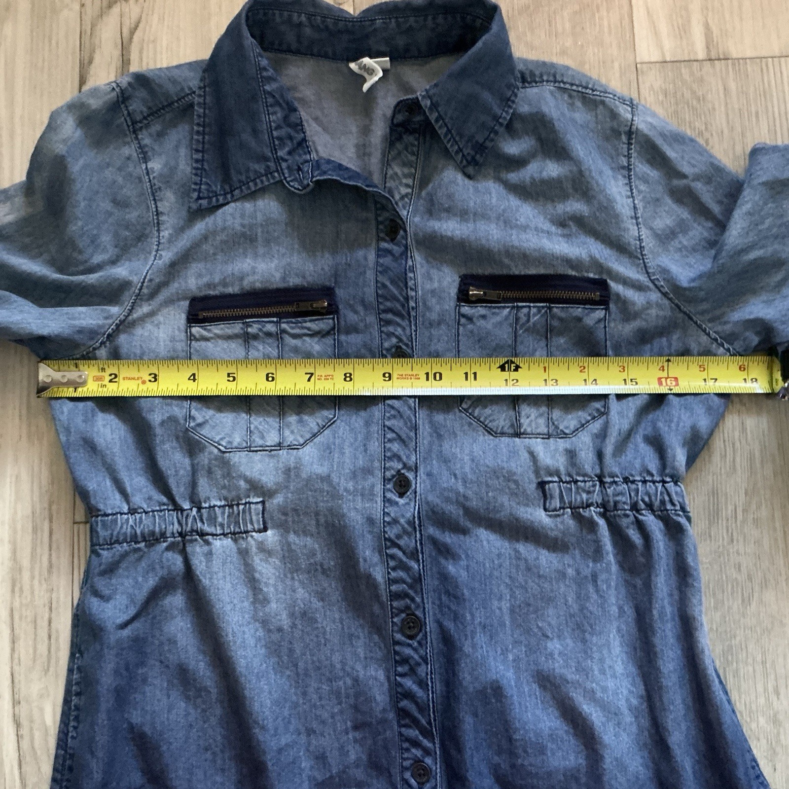 Hang Ten VTG 90s Indigo Chambray Denim Shirt Dress Roll Tab Sleeves M Drop Waist