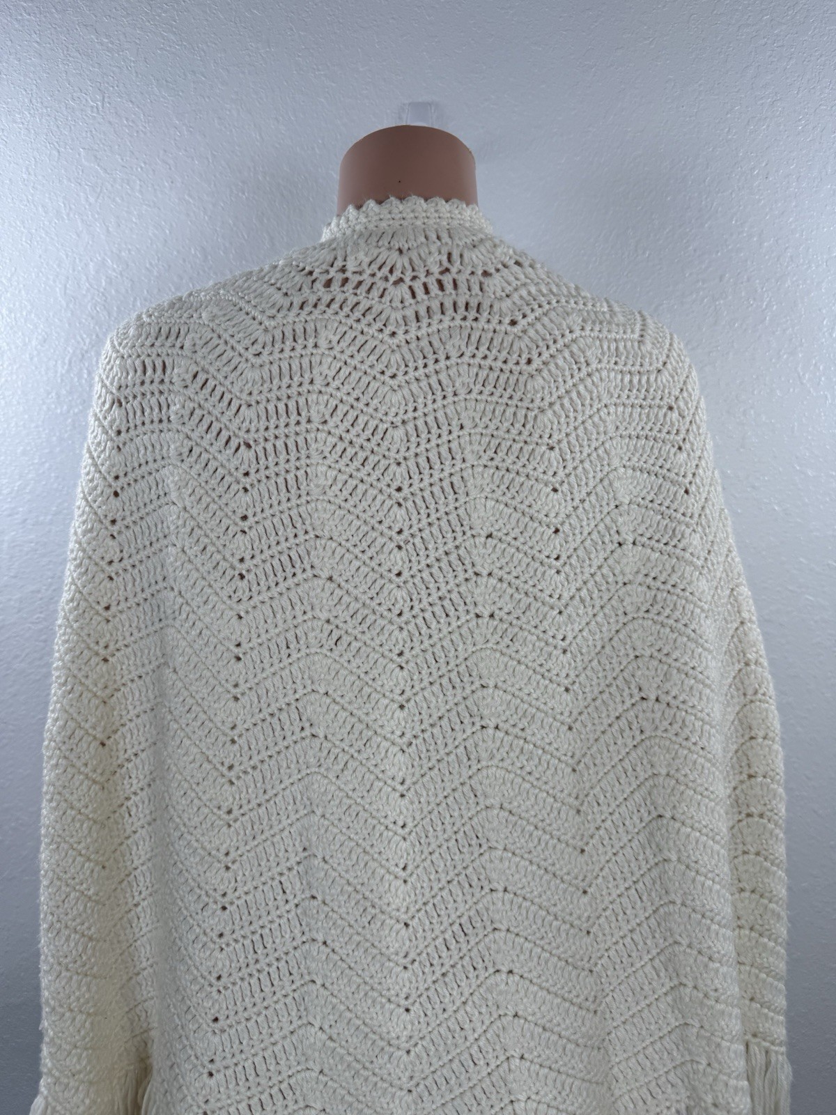 70s Vintage Crochet Off White Poncho Shawl Handmade Knit Wrap Boho Crocheted