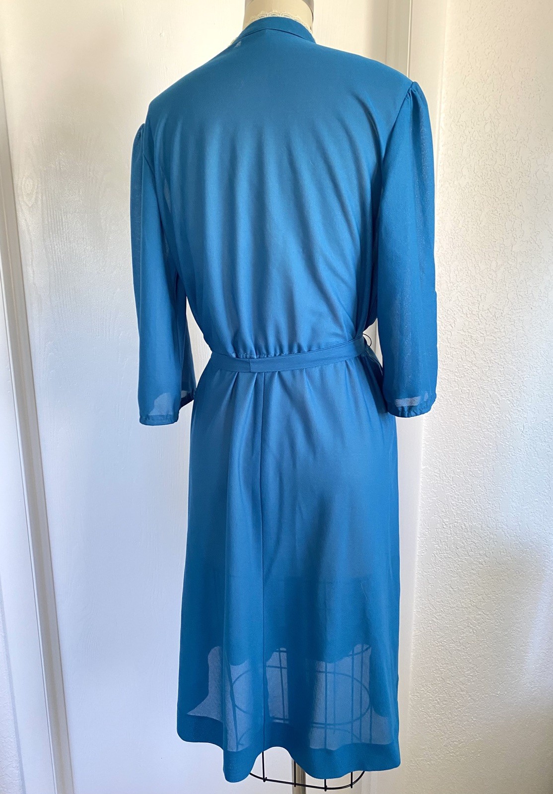 Vtg Miss Oops CA Teal Secretary Blouson Dress w Lace Accent Size L READ