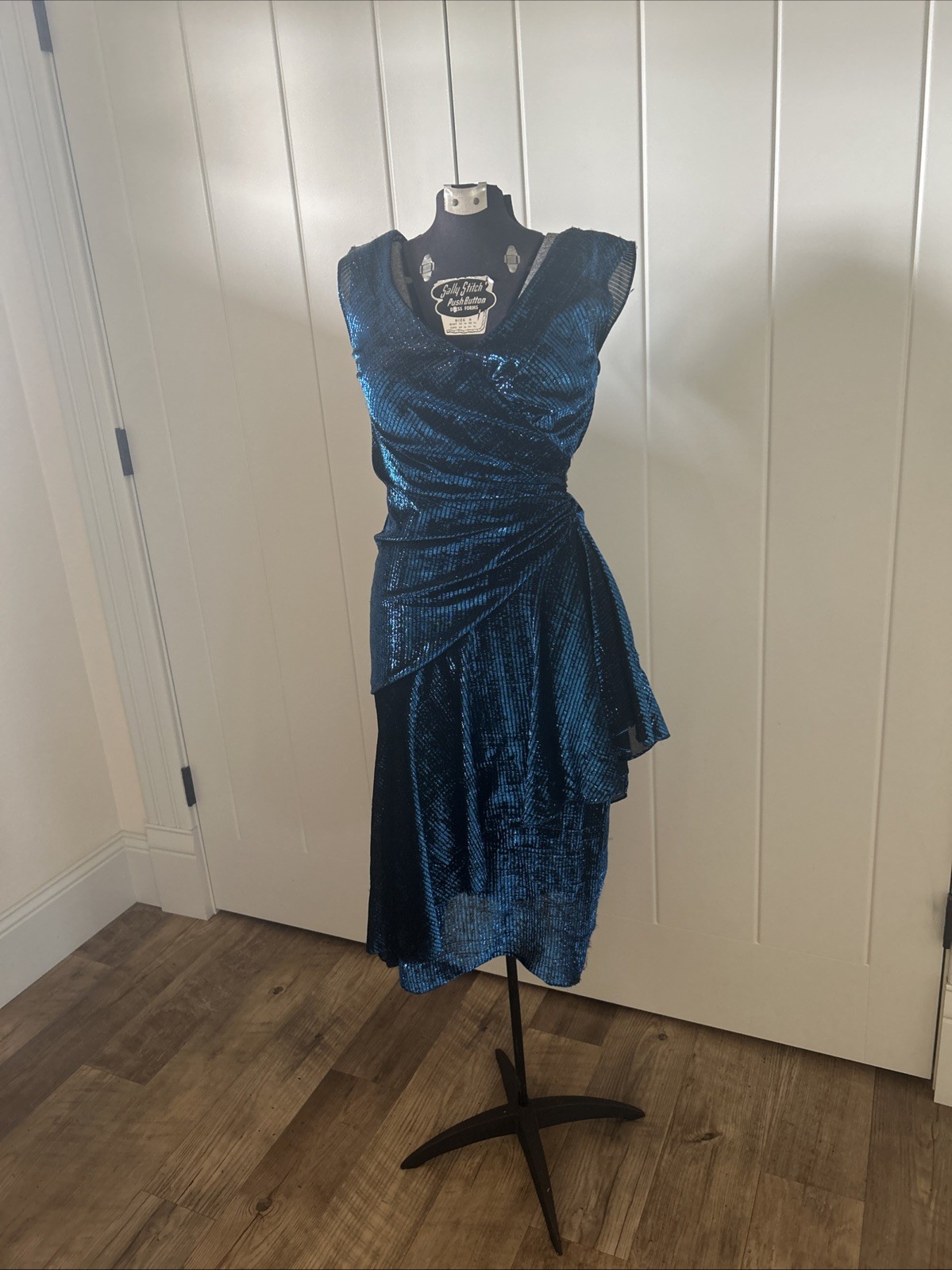 Vintage 1980’s New Leaf Blue Metallic Lame Fabric Asymmetrical Dress Size 5/6