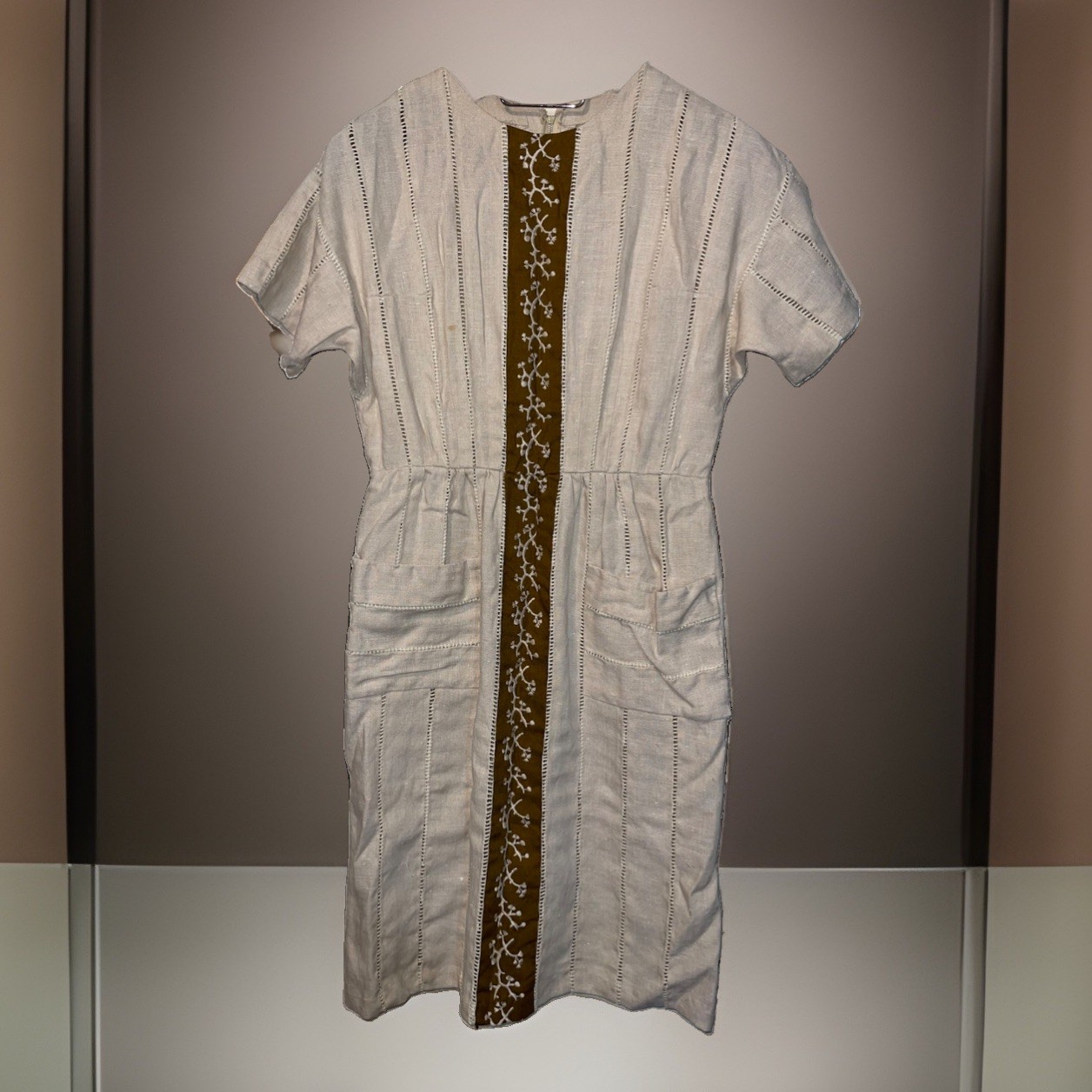 Vintage 50’s 100% Linen Carlye Dress 10 Beige Conmar Zipper Movie Set Broadway