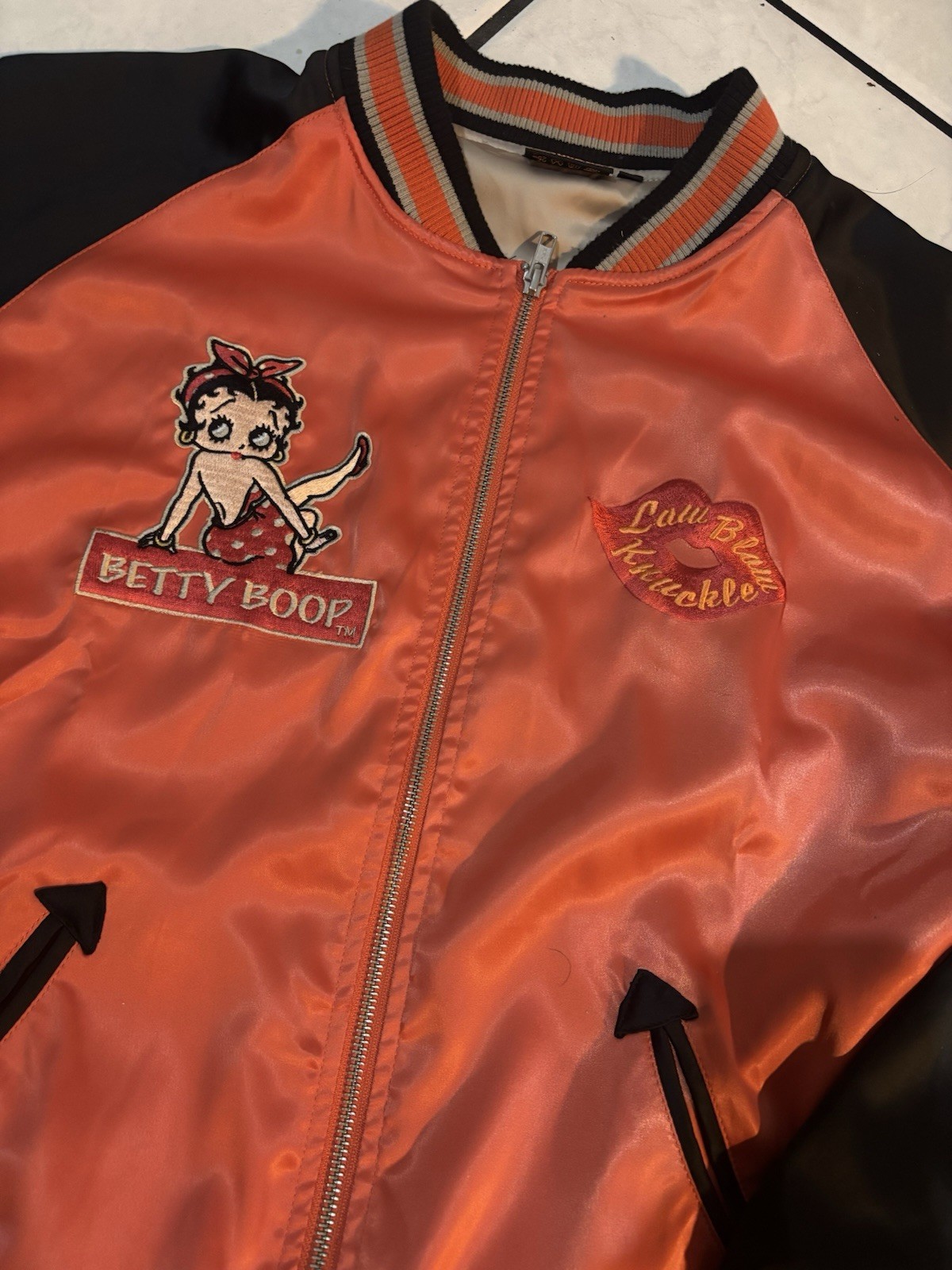 Low Blow Knuckle Vintage Betty Boop Satin Bomber Jacket Embroidered Y2K 90s
