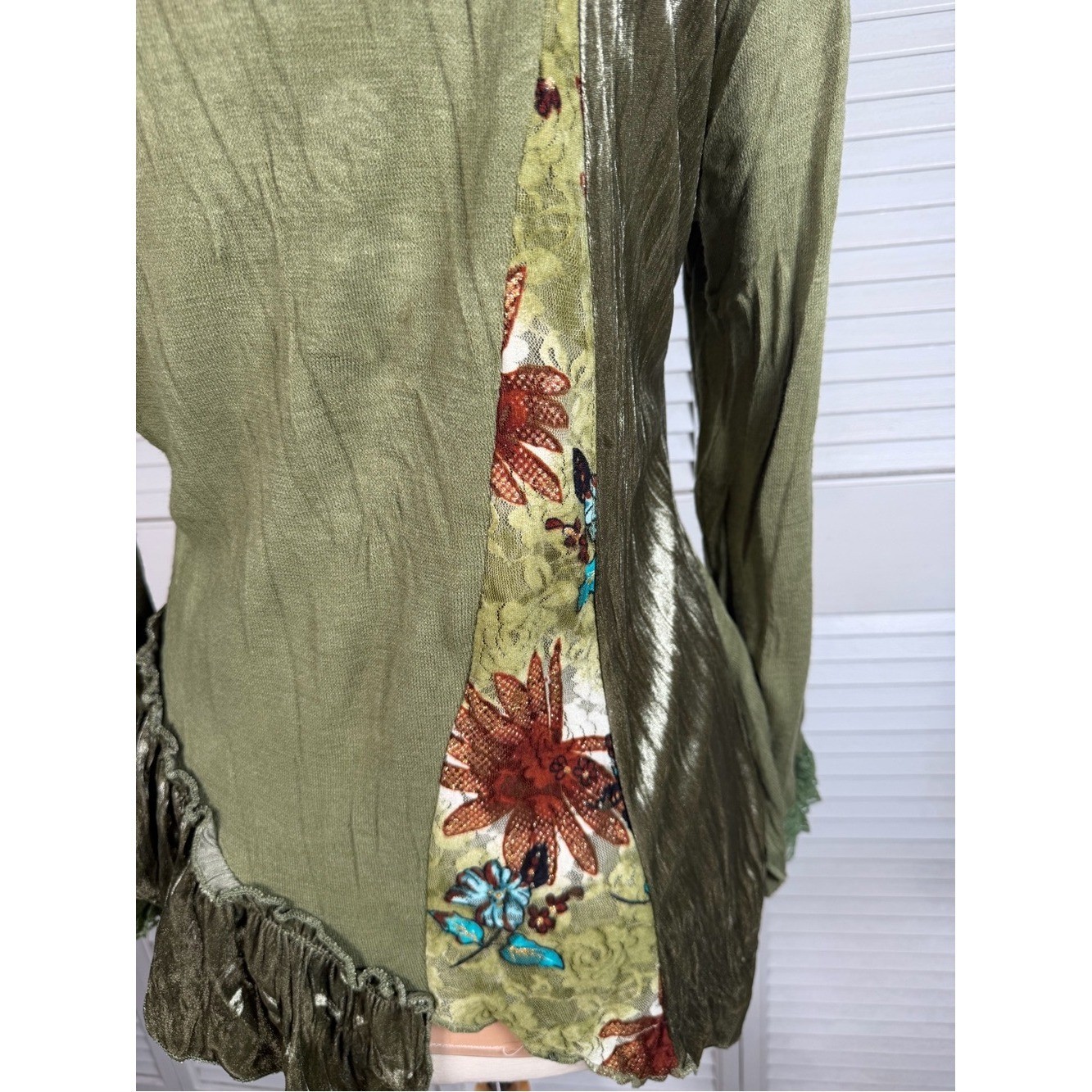 Olive Green Boho Patchwork Lace Tunic Top Fairy Grunge Y2K Boutique