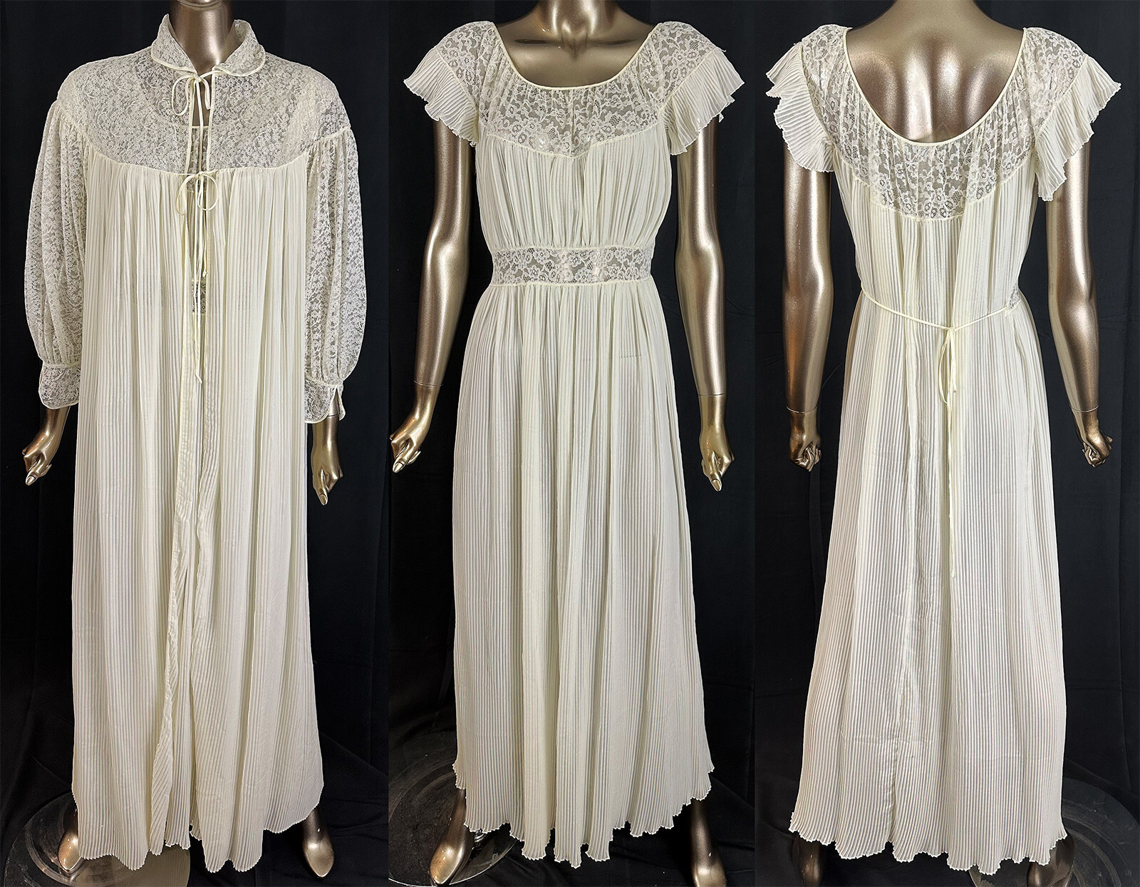 Vintage Barbizon Pleated White Nylon Lace Trim Negligee Nightgown Peignoir Robe