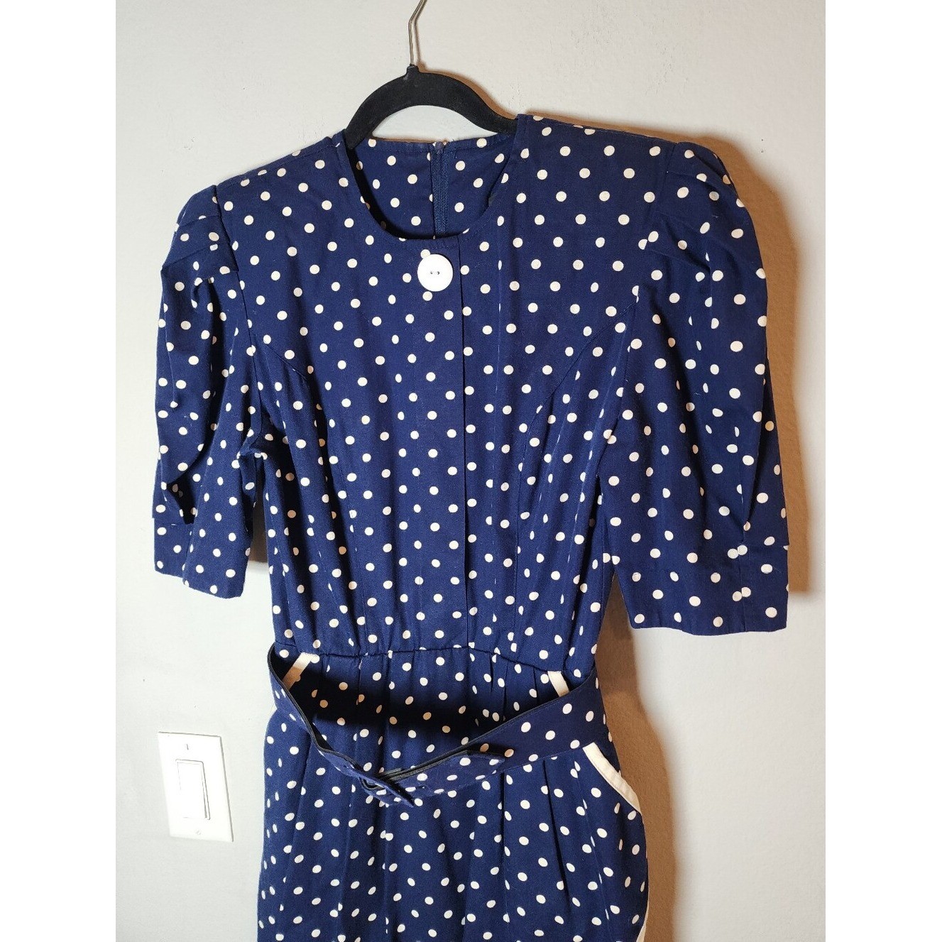 Vintage Choon California Dress Blue White Polka Dots Belt Pockets Est Size XS