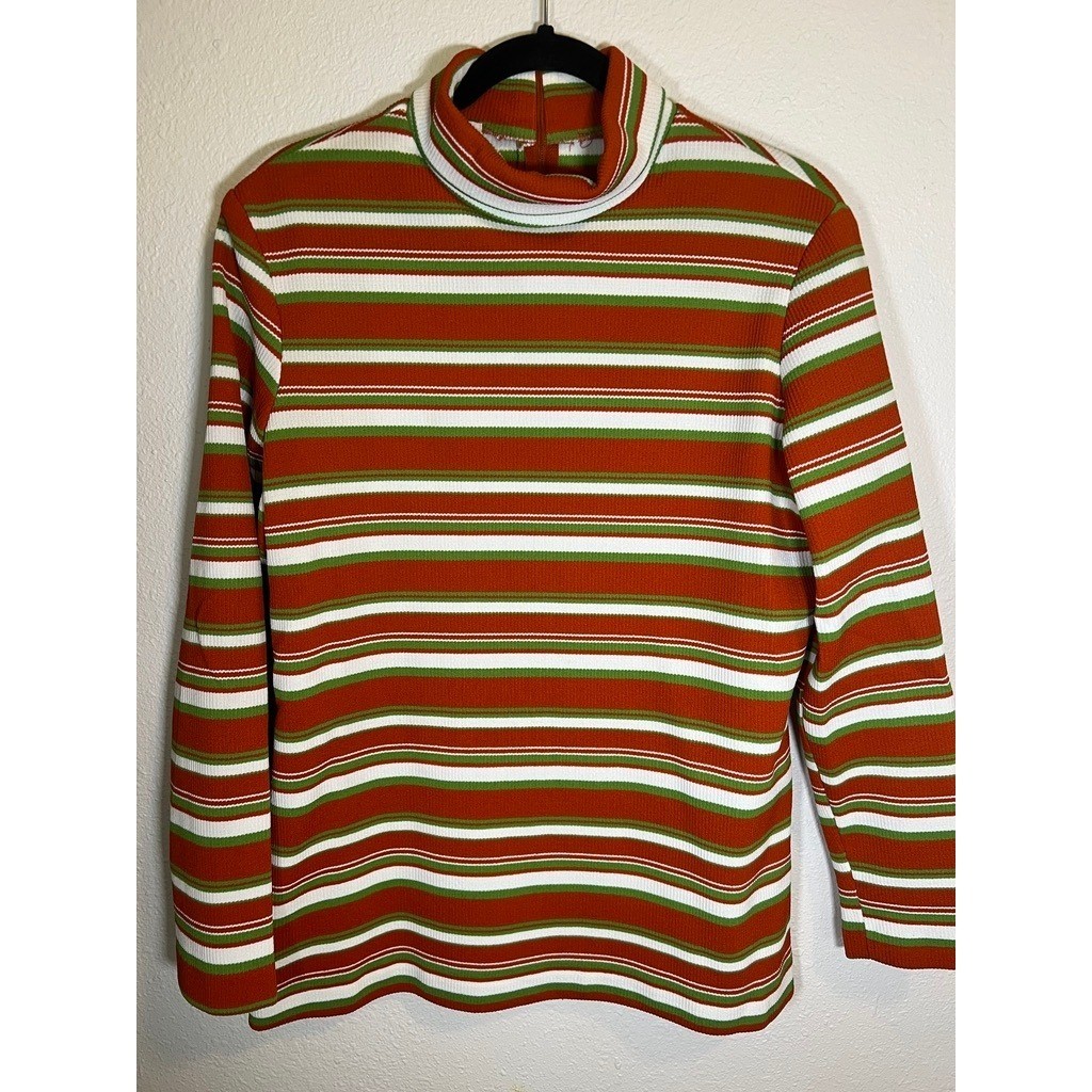 Vintage Mock Turtleneck Top M Striped 1970s Zip Ribbed Knit Poly Orange Green