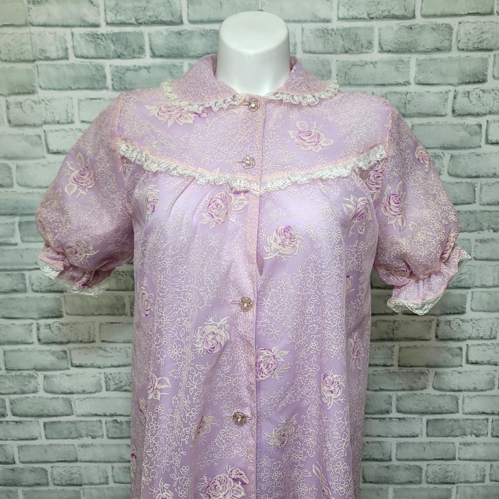 Vintage 1950s Lavender Floral Nylon Robe Lace Trim Button Front Housecoat 18