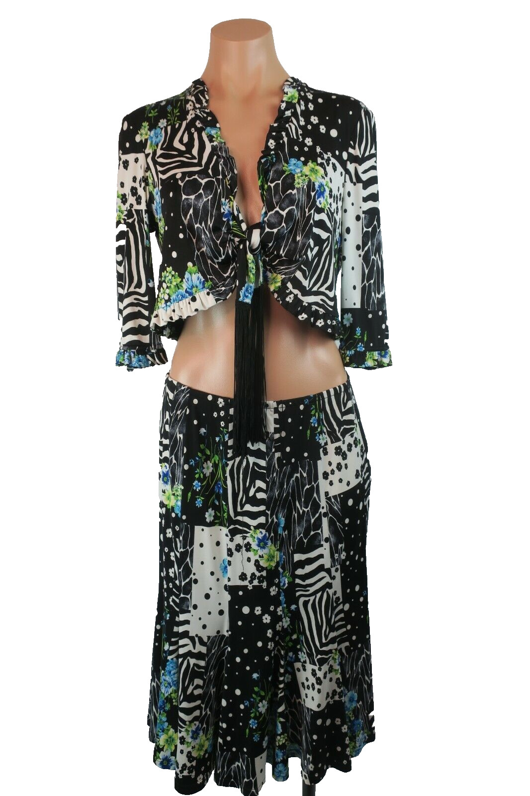 VTG JOSEPH RIBKOFF Skirt Fringe Floral Cover-Up Jumpsuit 2pc Playsuit Crop-top