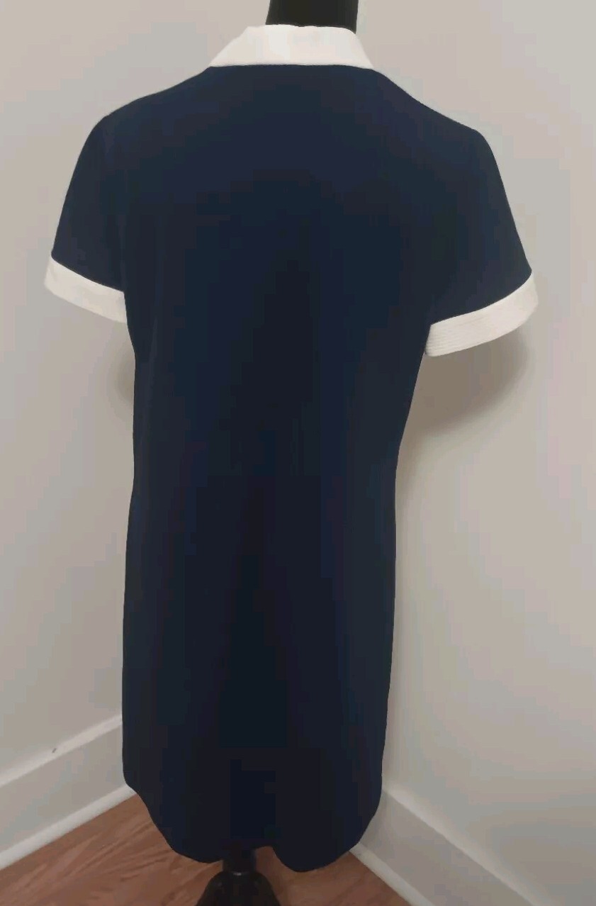 1960s Navy Blue Knit Shirt Dress Ribbed Waitress Stewardess Pockets Size 16 VTG