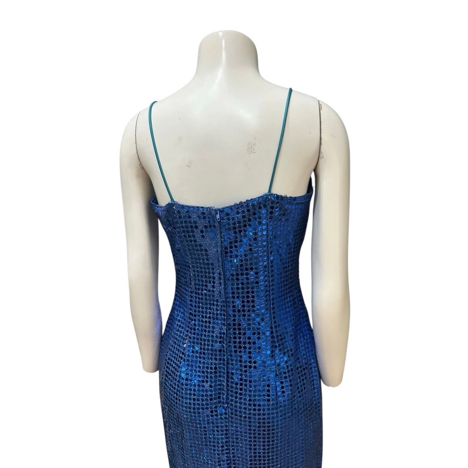 Vintage L.A. Glo Blue Sequin Maxi Dress 90s Spaghetti Strap Gown Small ^