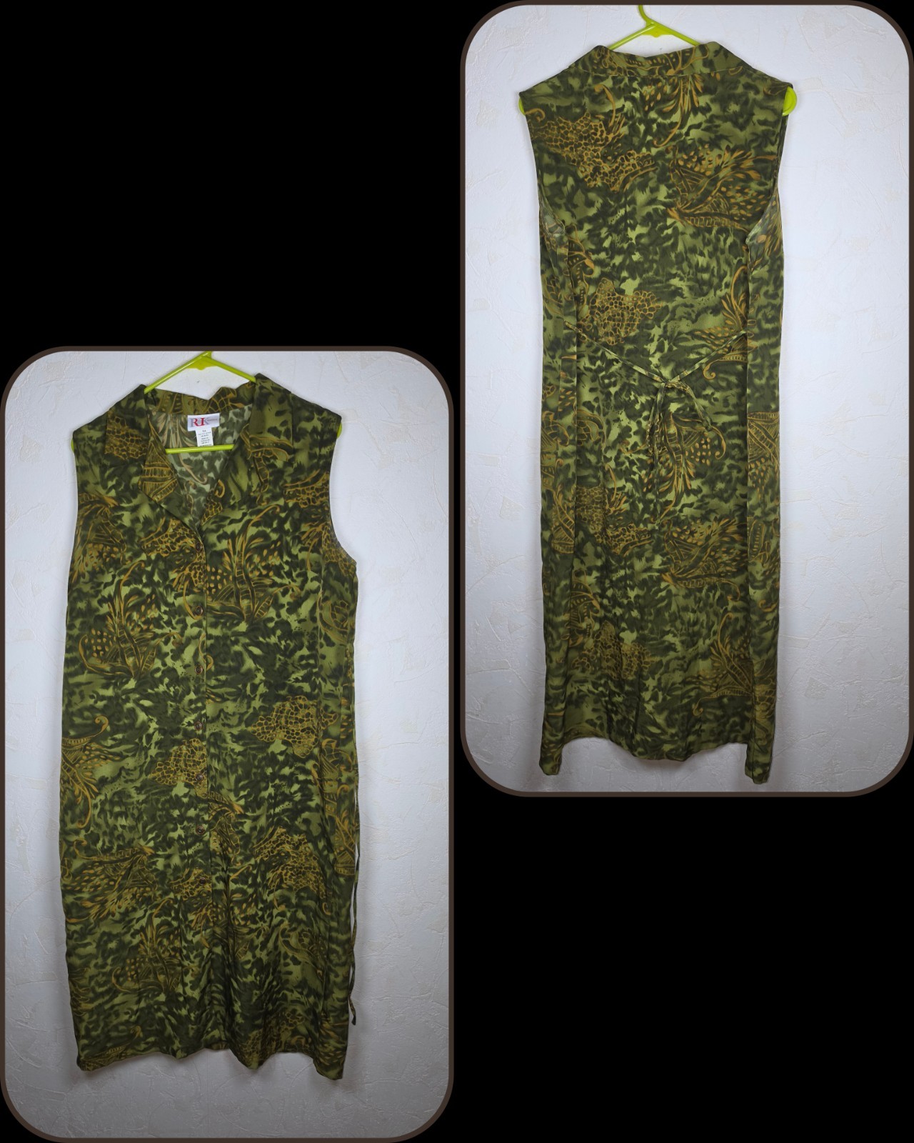 Vtg 90s R & K Originals Green Tropical & Animal Print Midi Dress Grunge Size 14