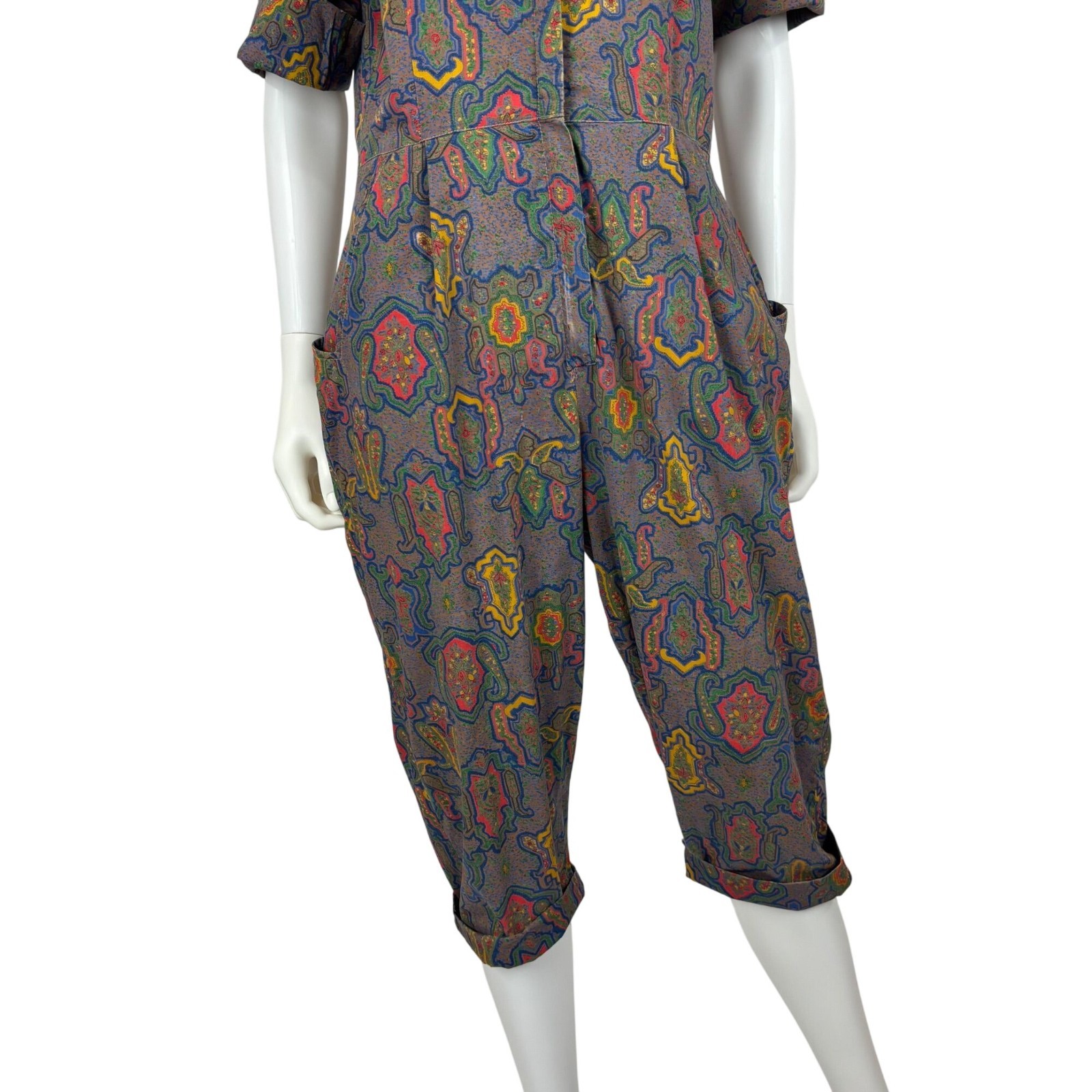 Vintage 50s Jumpsuit Womens L AS IS Multicolored Pattern Cotton Zip Up Casual